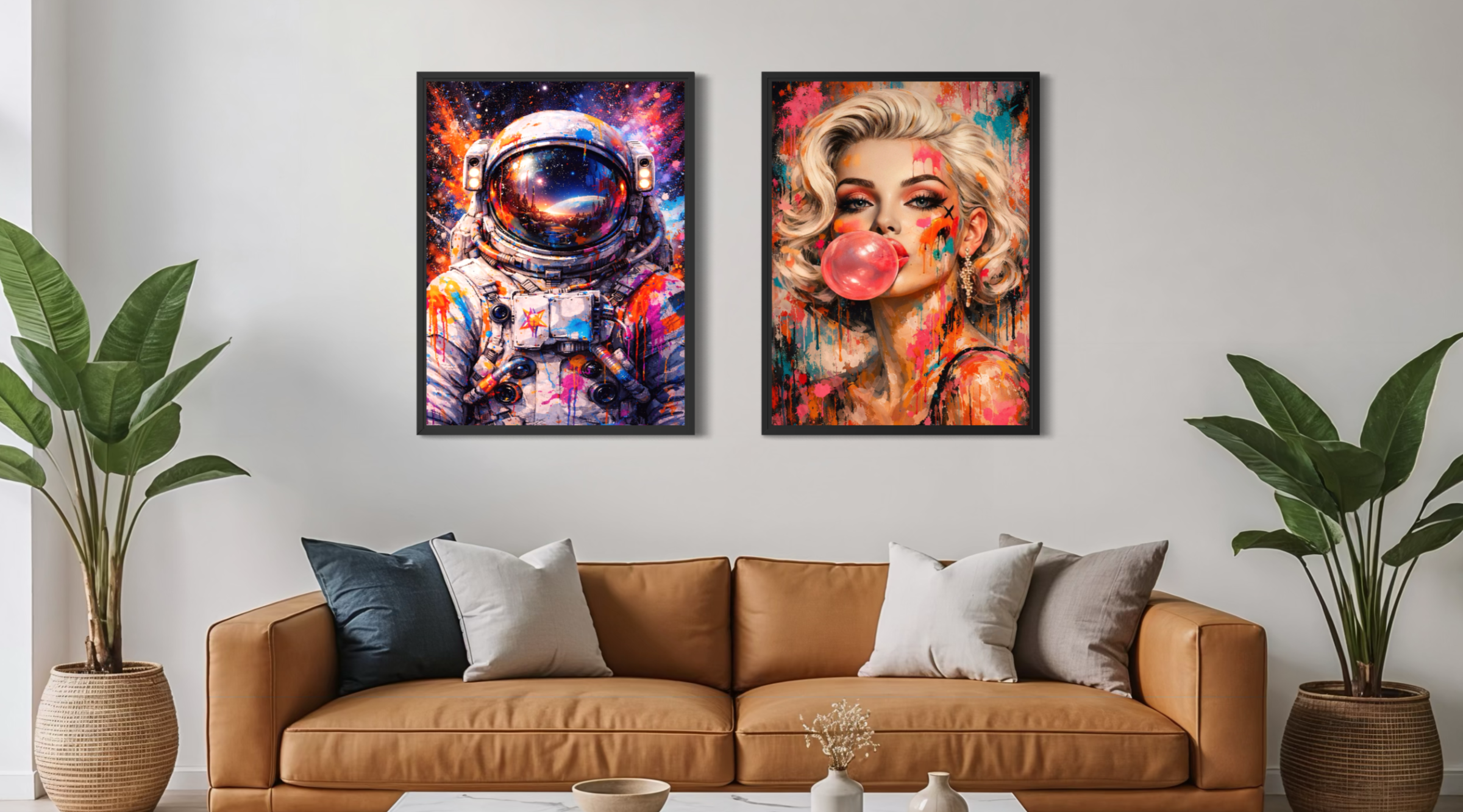 tableaux modernes et art contemporain dans un salon design avec canapé cuir décoration intérieure haut de gamme