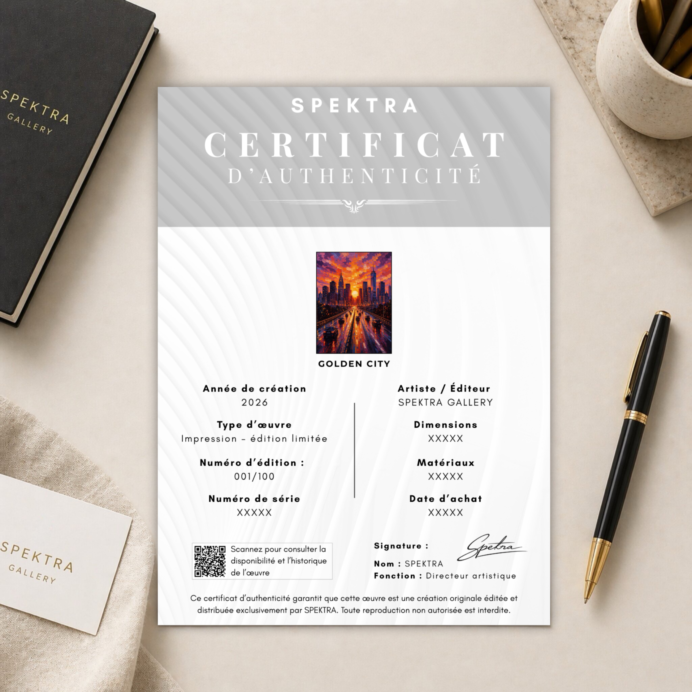 Certificat d’authenticité d’une œuvre d’art édition limitée Golden City avec numéro et signature