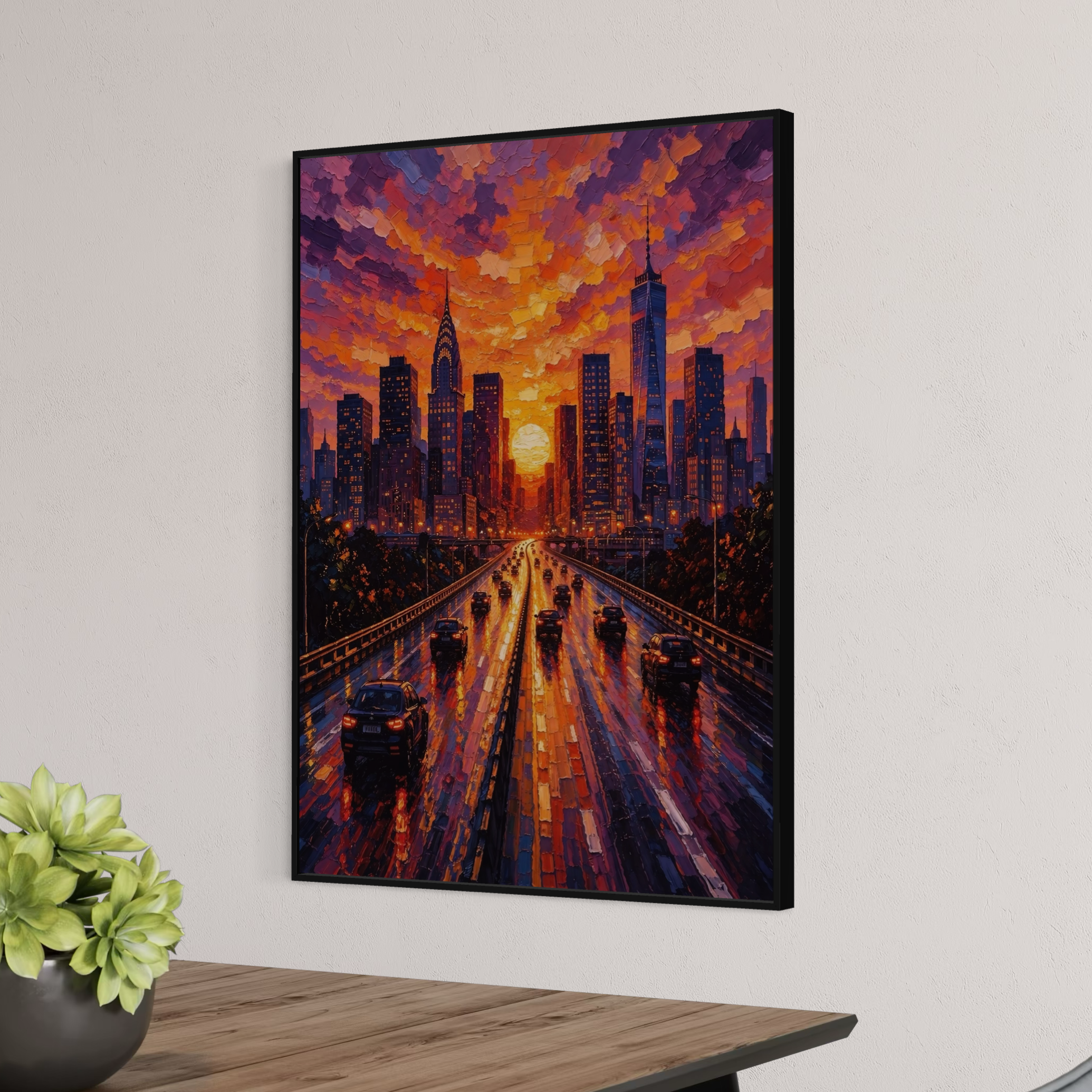 tableau encadré golden city avec skyline urbaine au coucher du soleil