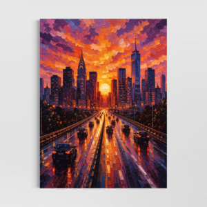 tableau golden city représentant une skyline urbaine au coucher du soleil