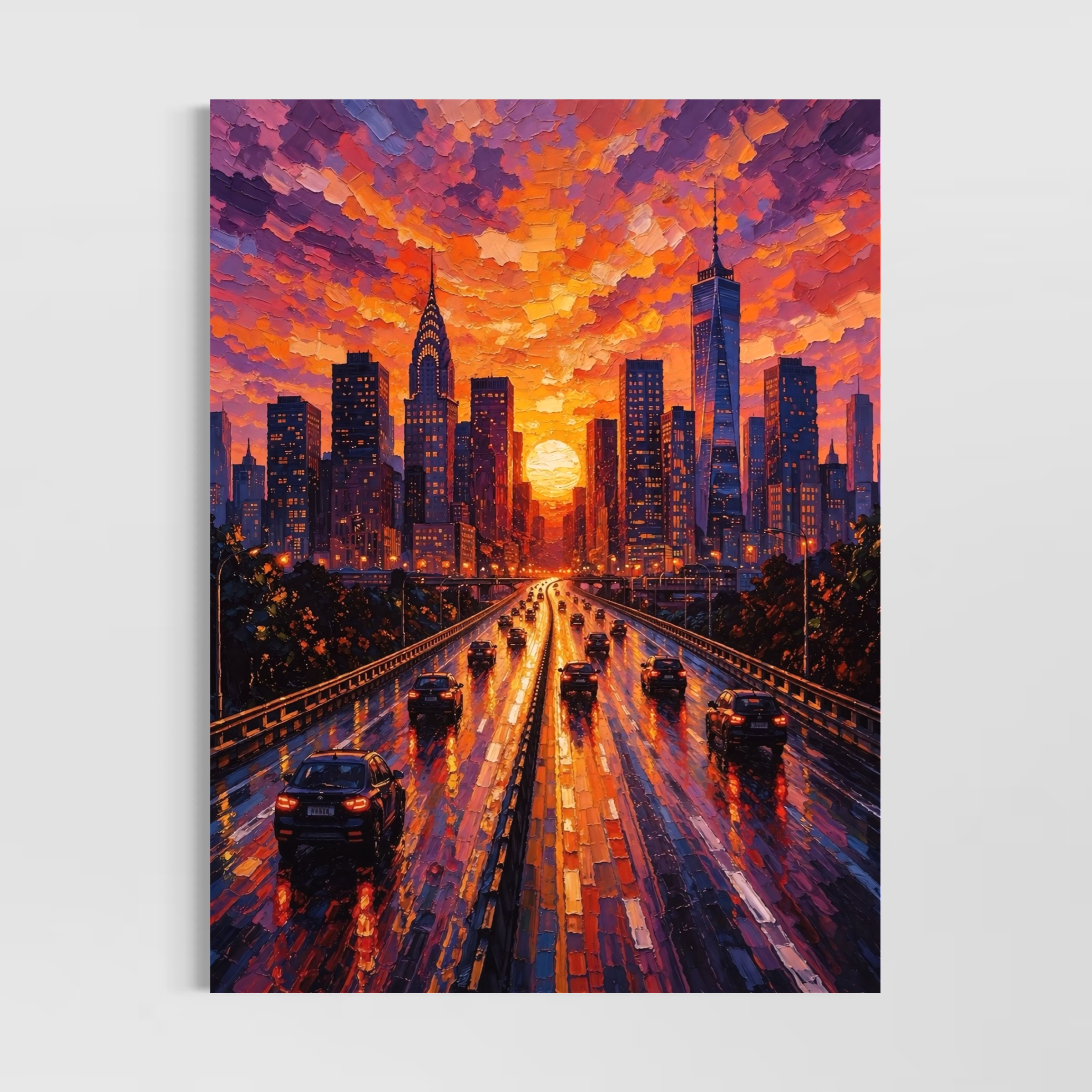 tableau golden city représentant une skyline urbaine au coucher du soleil
