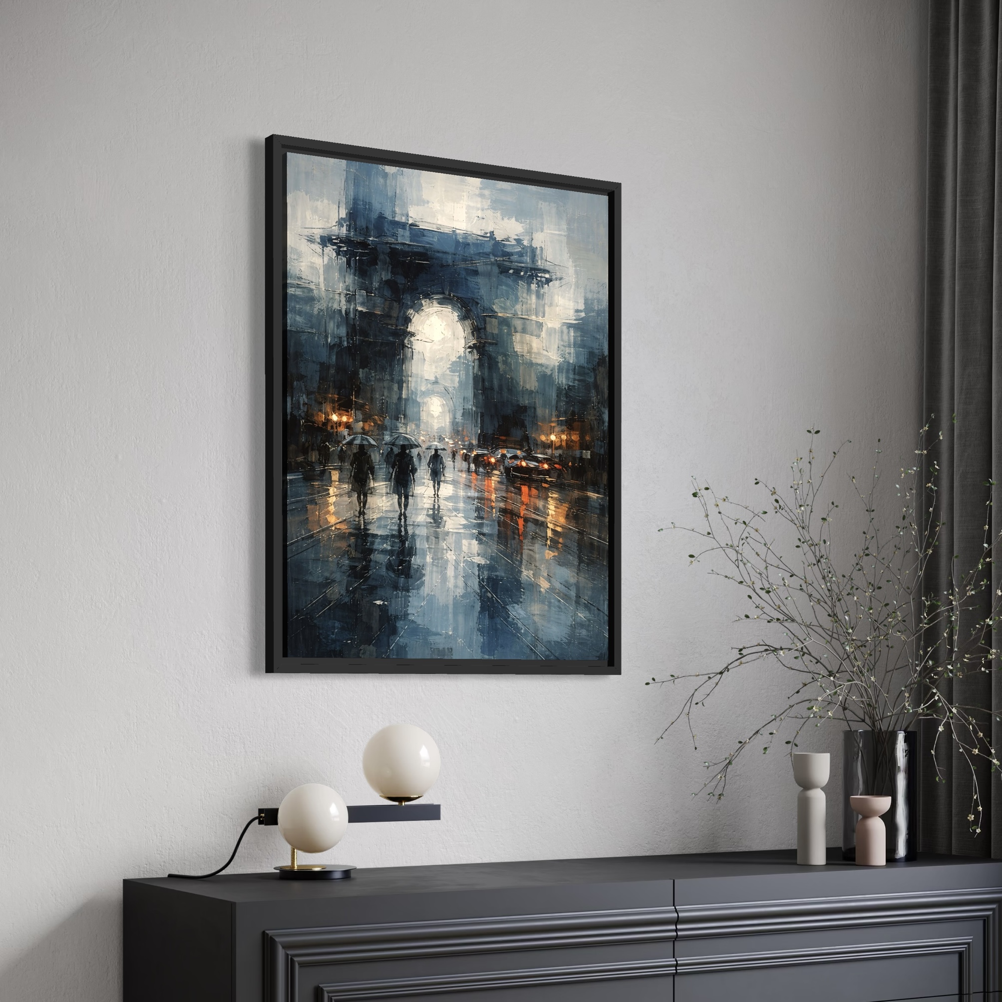 Tableau Paris sous la pluie – Arc de Triomphe peinture moderne ambiance nocturne Tableau Paris avec Arc de Triomphe en cadre noir dans un salon moderne vu en perspective