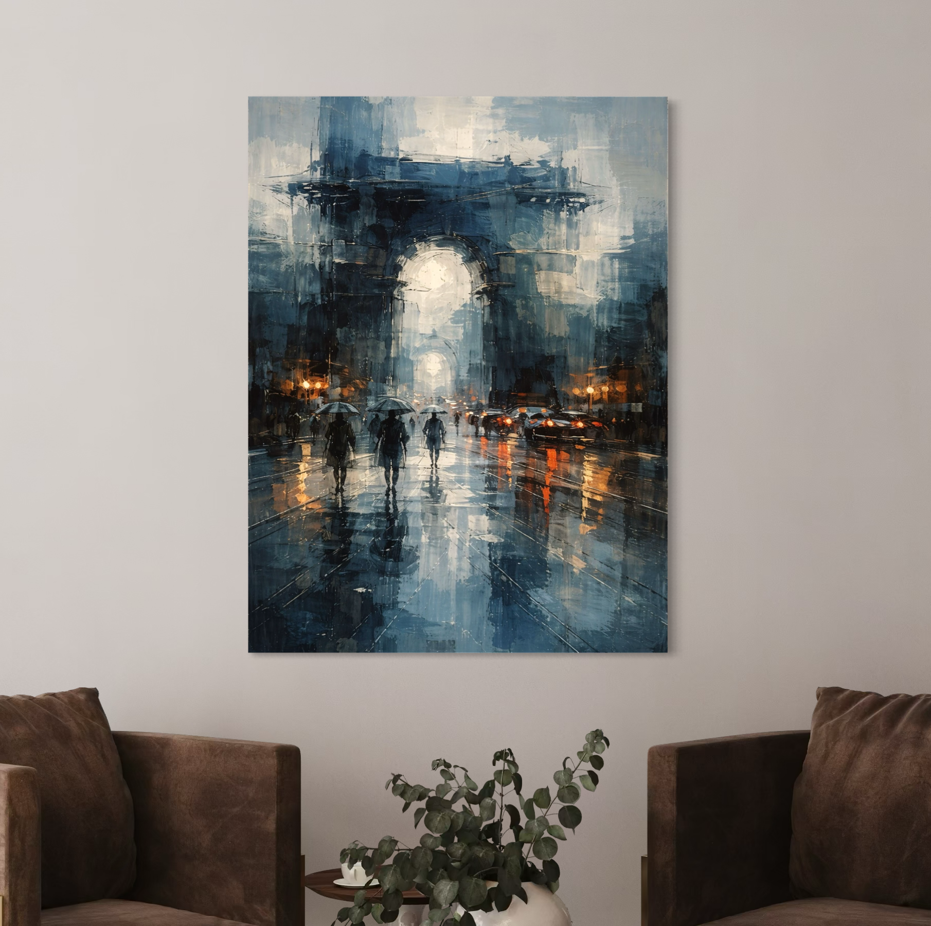 Tableau Paris sous la pluie – Arc de Triomphe peinture moderne ambiance nocturne Tableau grand format de Paris avec Arc de Triomphe dans un salon moderne et élégant