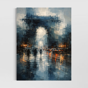 Peinture de Paris sous la pluie avec l’Arc de Triomphe et reflets lumineux sur la chaussée