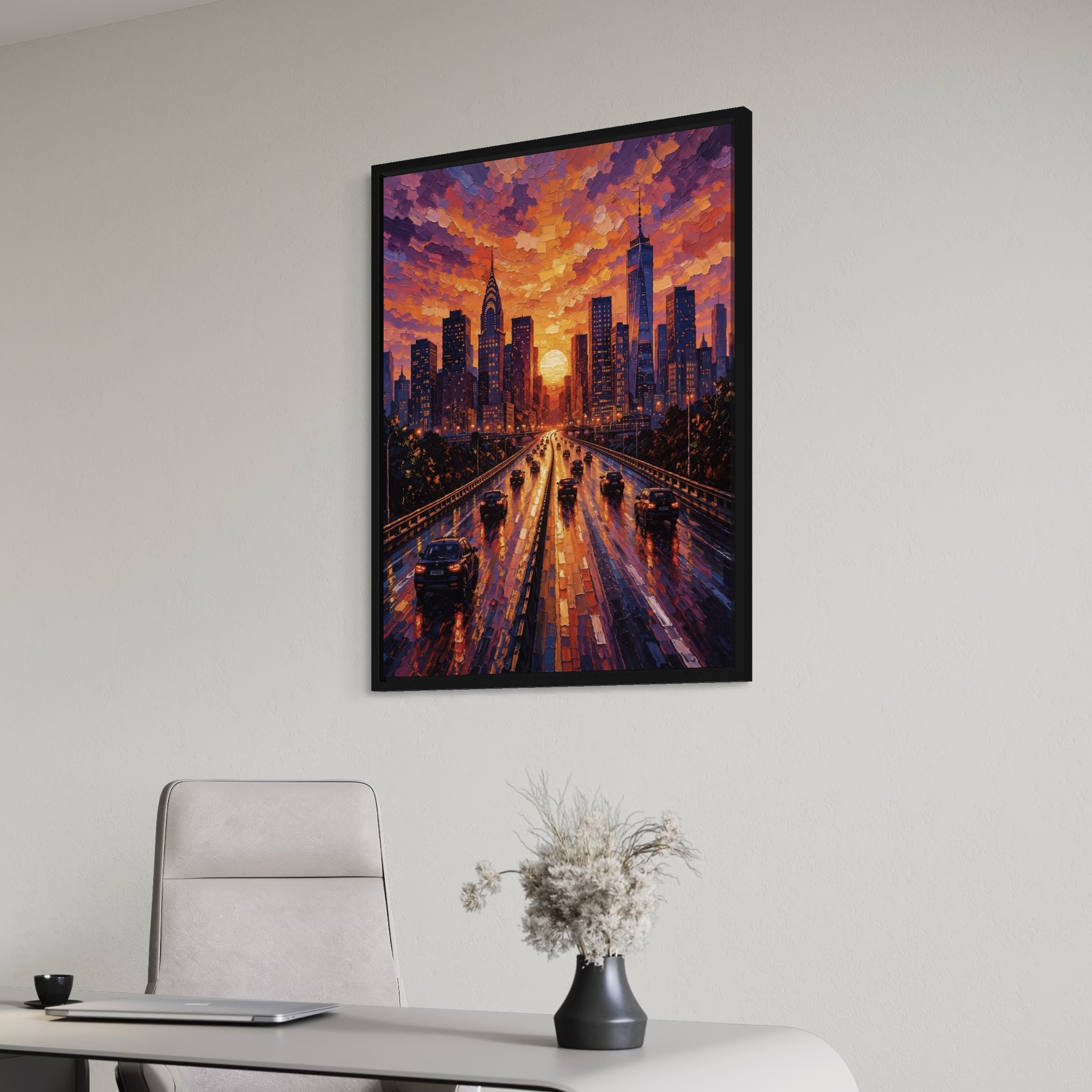 tableau golden city cadre noir bureau décoration murale moderne coucher de soleil ville