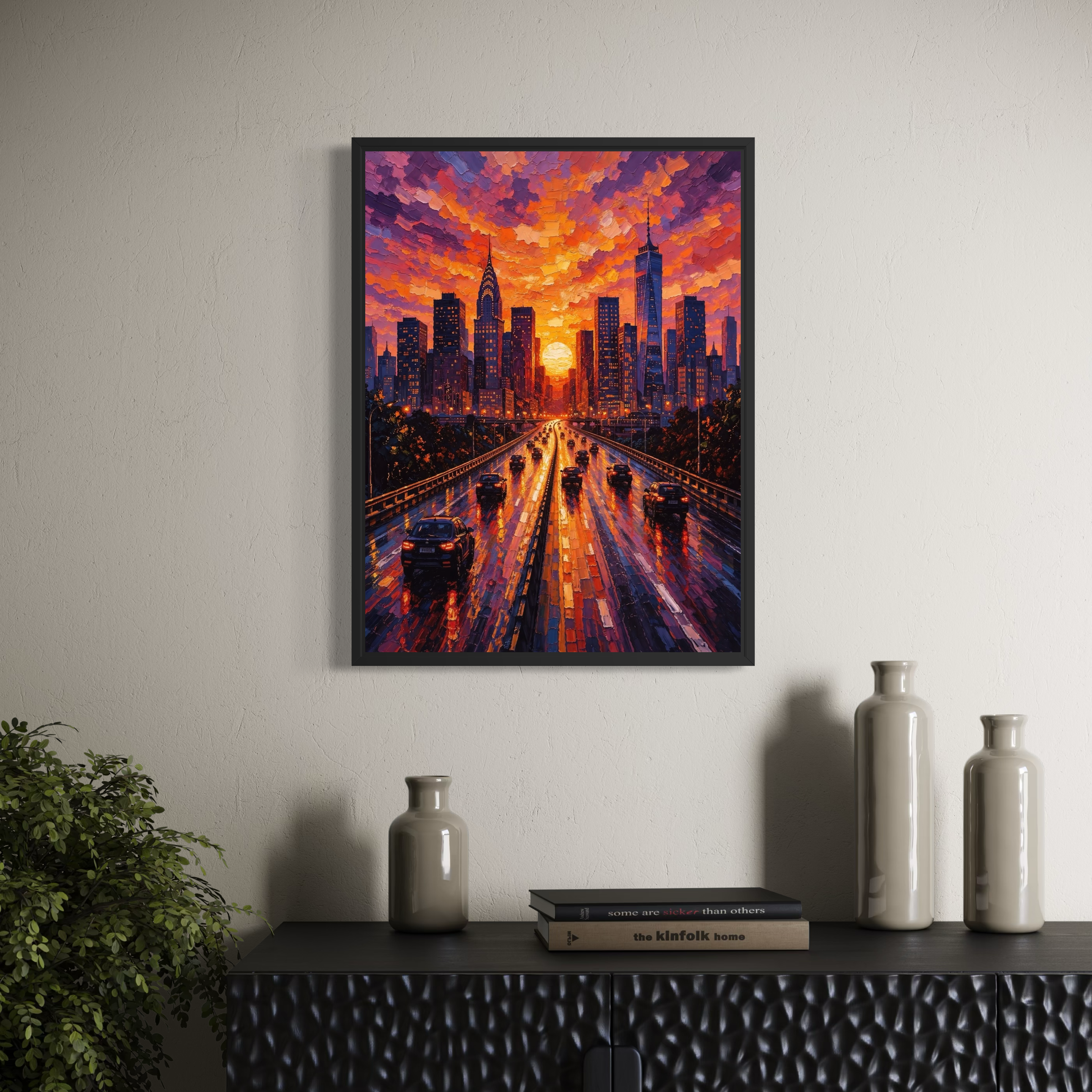 tableau golden city cadre noir salon décoration murale moderne coucher de soleil ville
