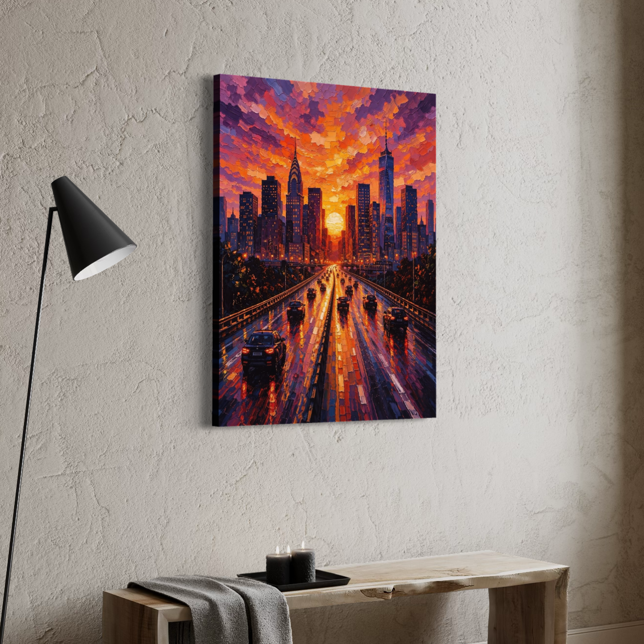 tableau ville moderne coucher de soleil golden city décoration murale salon minimaliste
