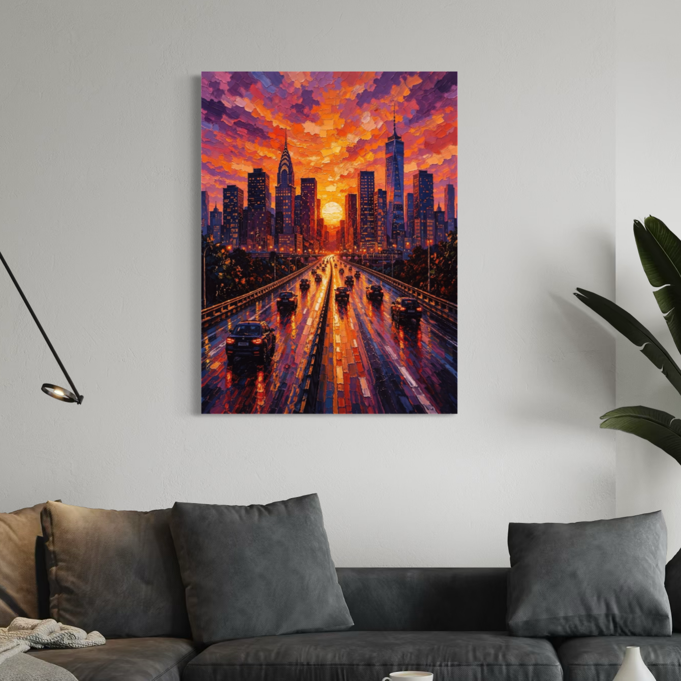 tableau golden city sans cadre salon décoration murale moderne coucher de soleil ville