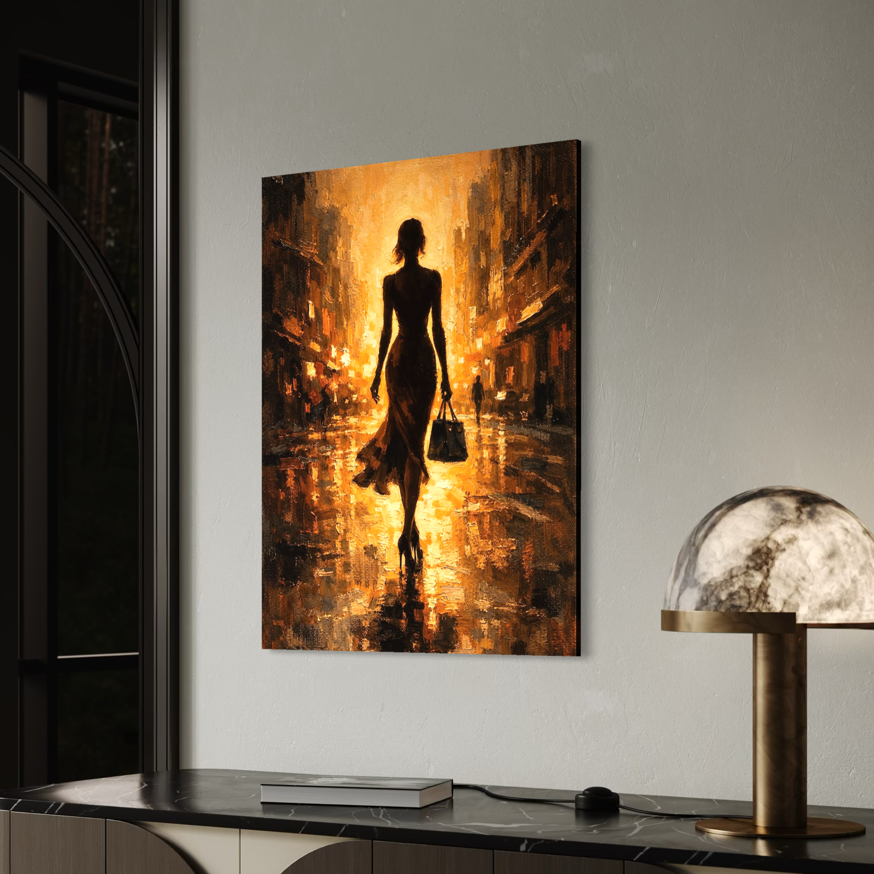 Tableau Femme Mirage – silhouette féminine et ambiance dorée tableau femme mirage ambiance design decoration murale moderne lumiere doree elegante