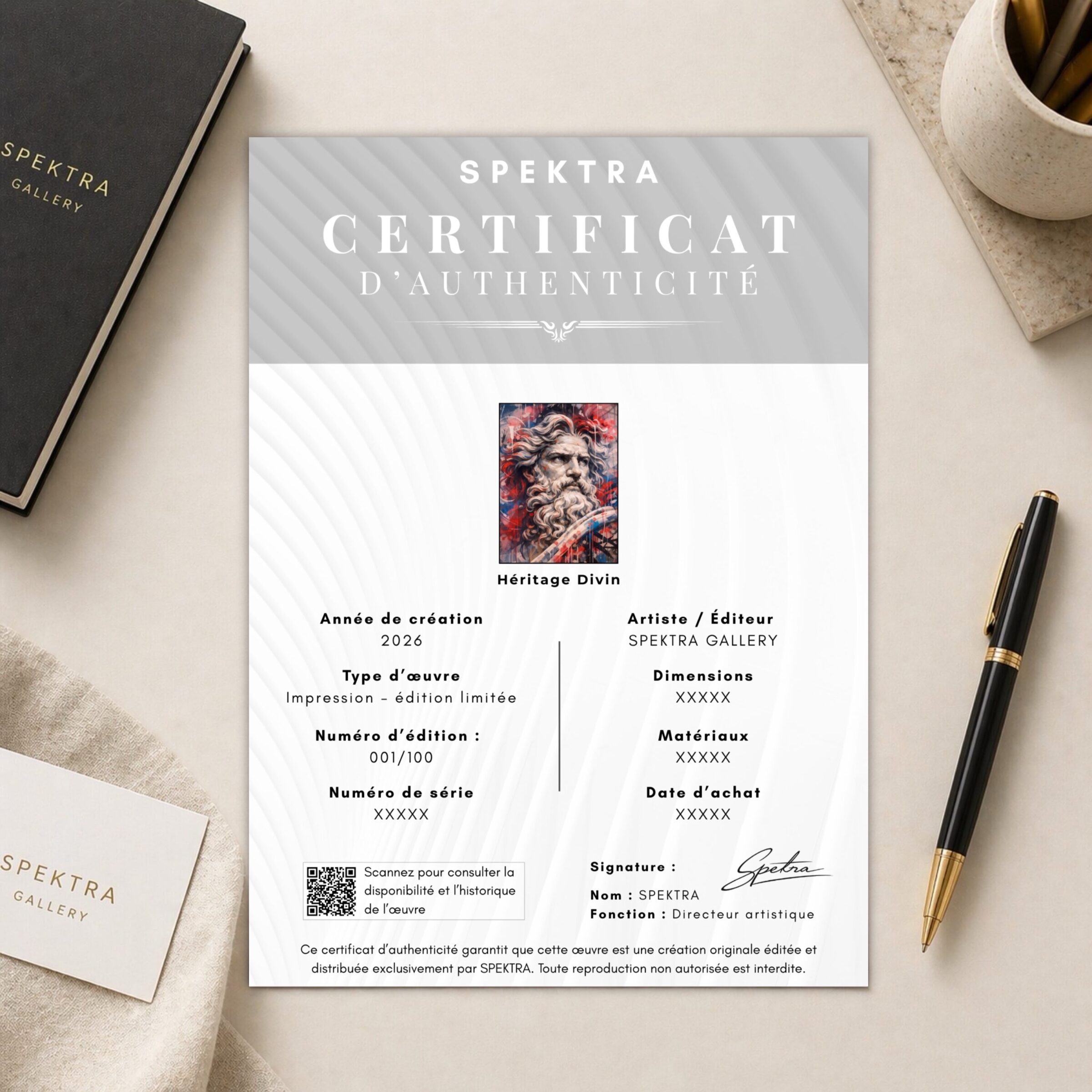 Tableau Mythologie Contemporain – Héritage Divin certificat authenticite tableau heritage divin spektra