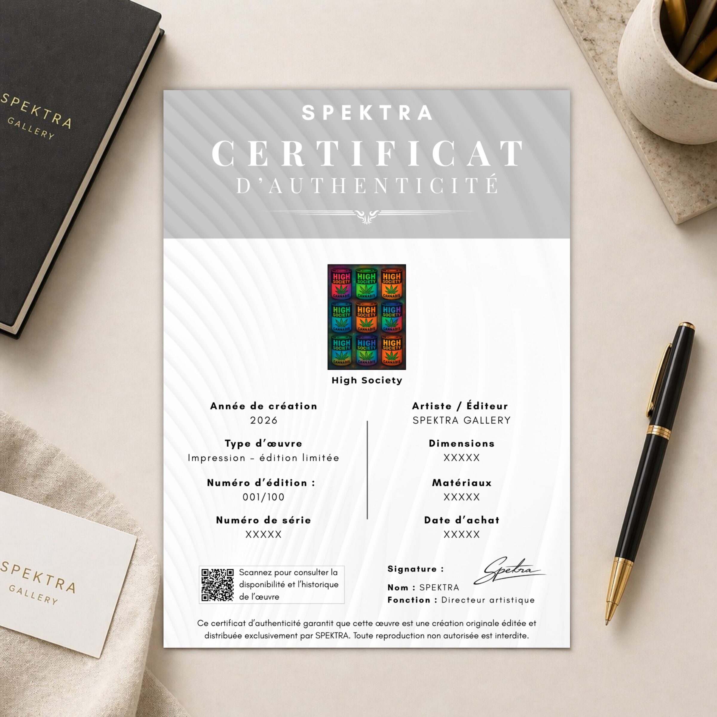 Tableau High Society – Cannabis Pop Art certificat authenticite tableau high society spektra gallery edition limitee