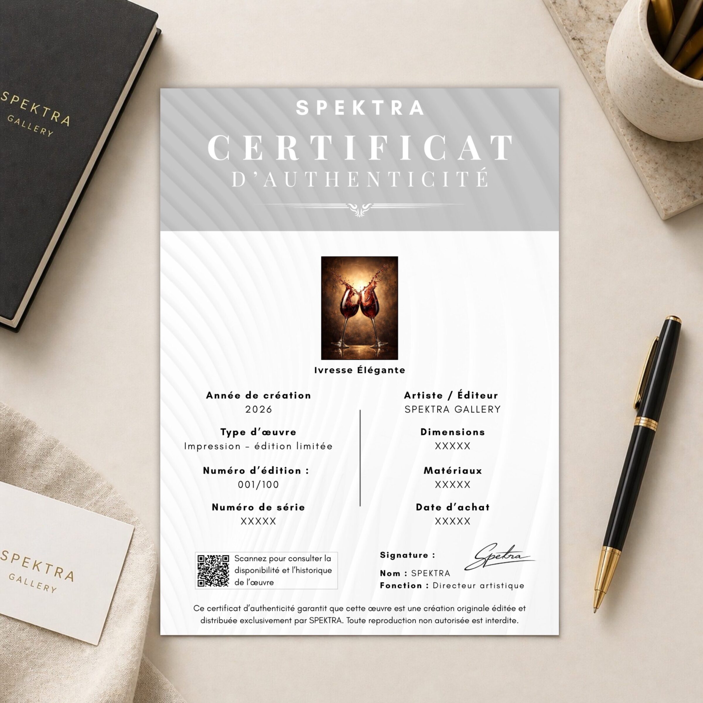 certificat authenticité tableau ivresse élégante SPEKTRA édition limitée art mural vin rouge