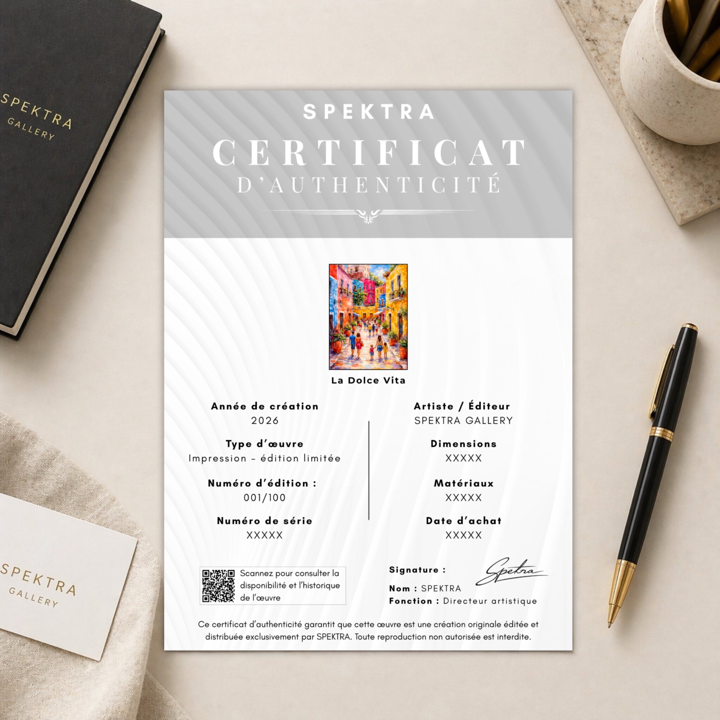 certificat d’authenticité du tableau La Dolce Vita signé SPEKTRA
