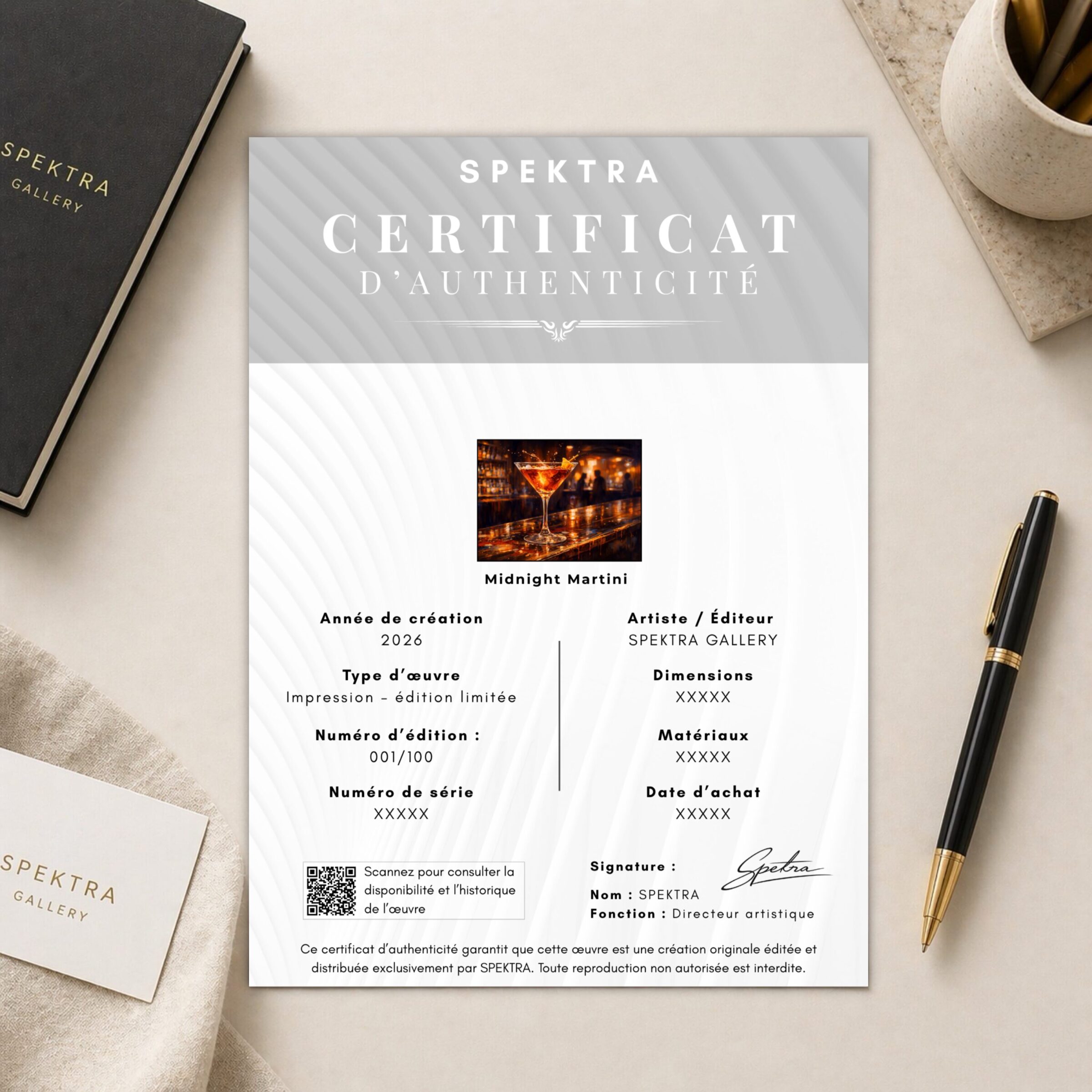 certificat d’authenticité tableau midnight martini spektra gallery