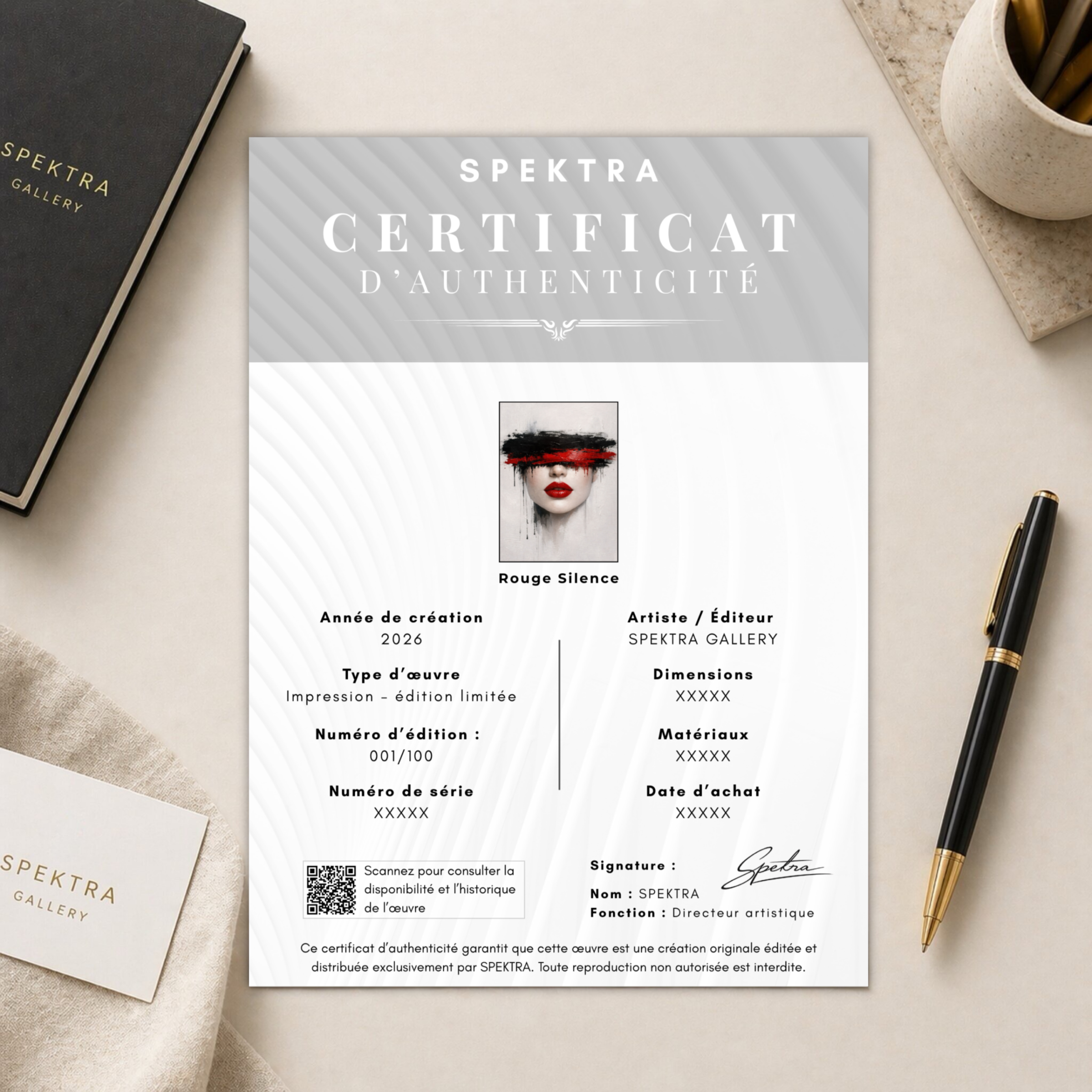 Tableau femme abstrait moderne Rouge Silence certificat d authenticite SPEKTRA du tableau femme abstrait Rouge Silence edition limitee