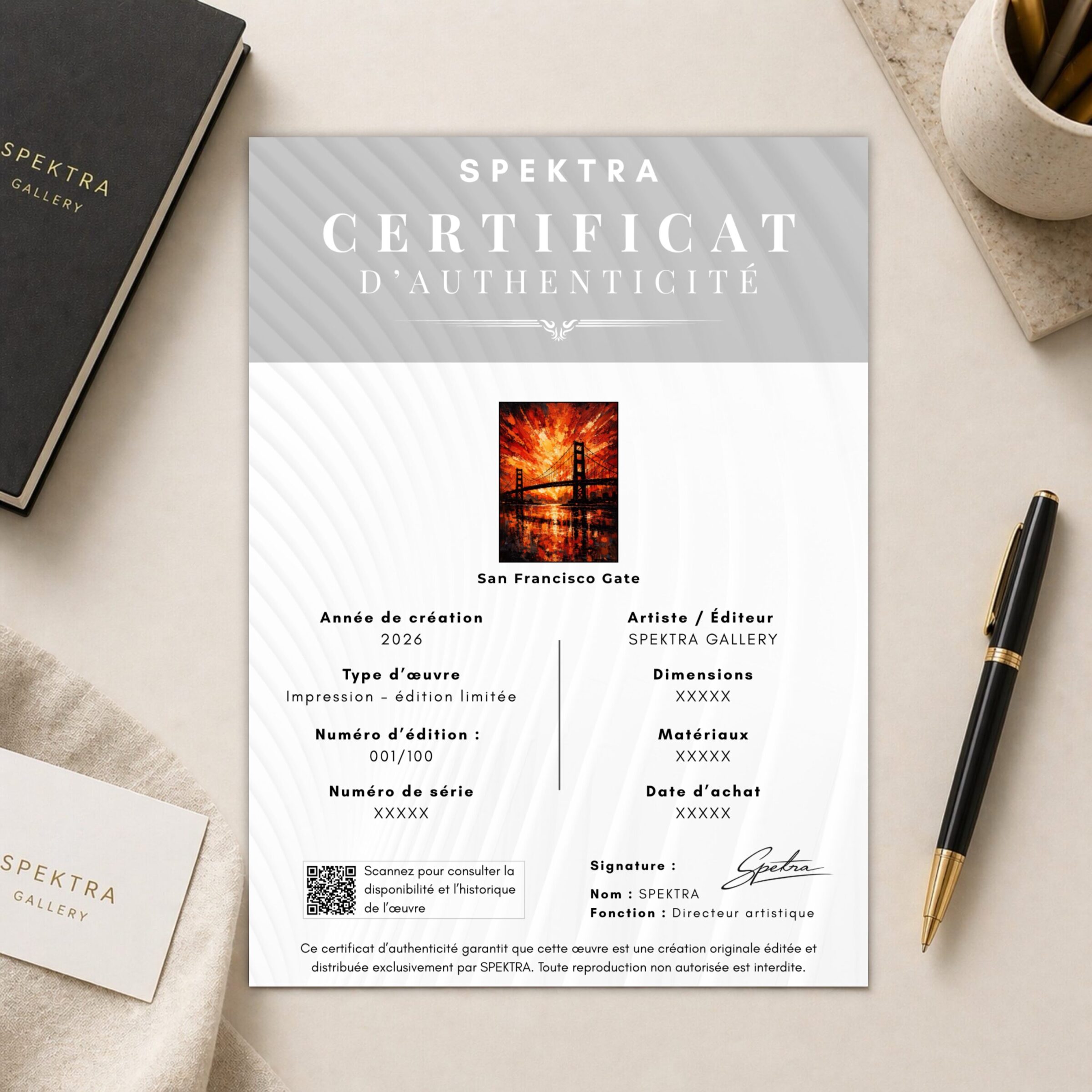 Tableau San Francisco – Golden Gate Sunset certificat authenticite tableau san francisco gate spektra gallery