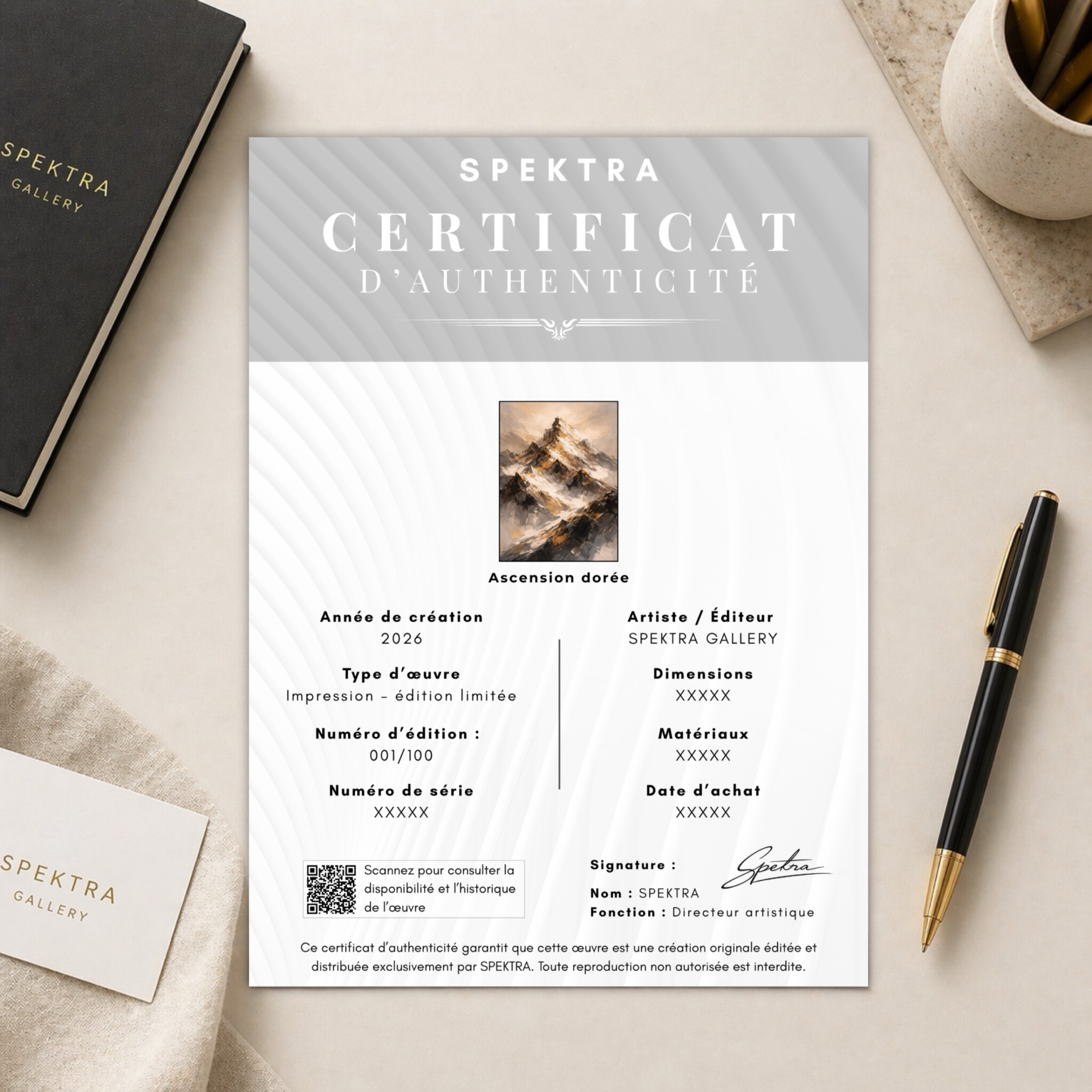 certificat authenticité tableau ascension dorée édition limitée spektra gallery œuvre originale