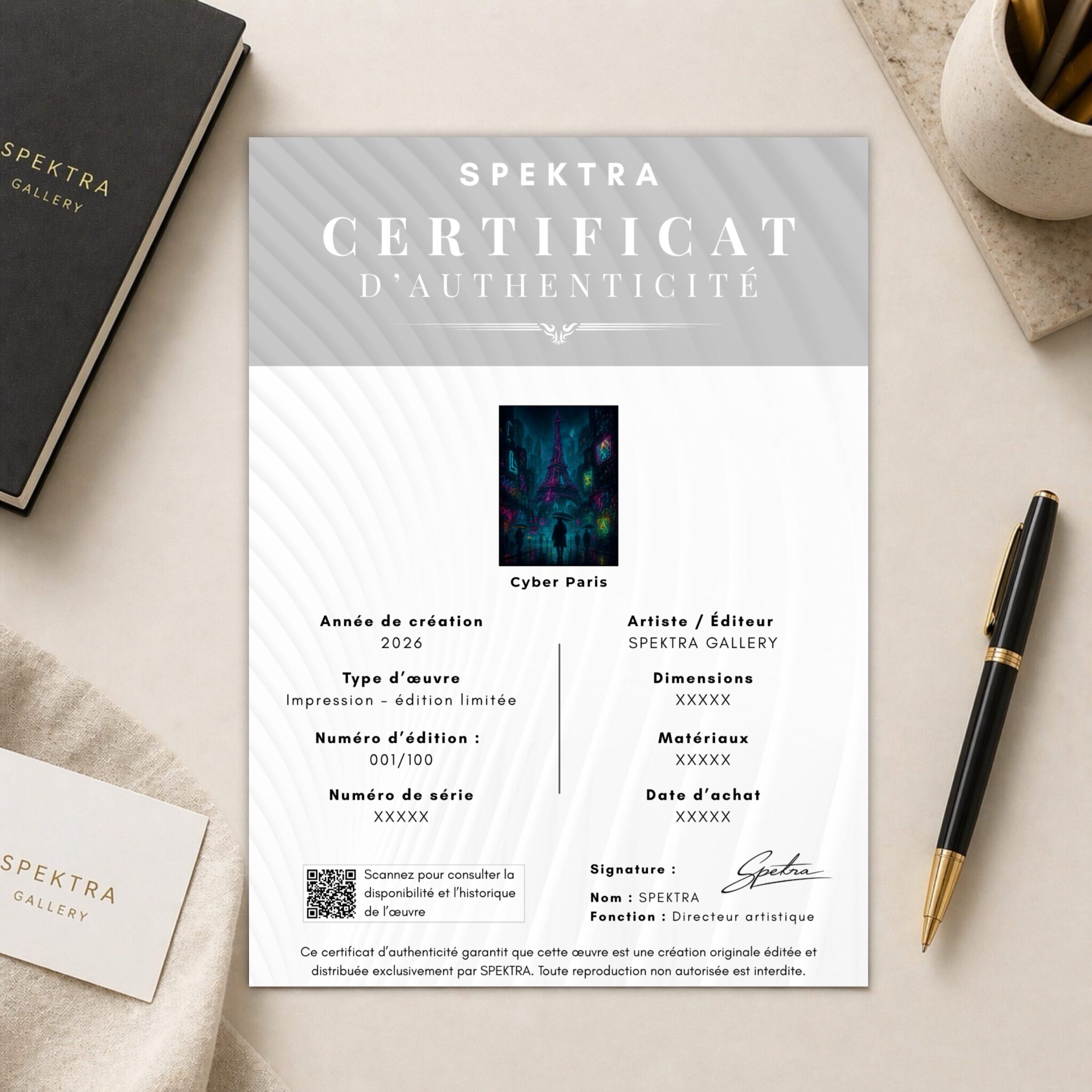 Tableau Tour Eiffel Cyberpunk – Cyber Paris certificat authenticite tableau cyber paris spektra edition limitee