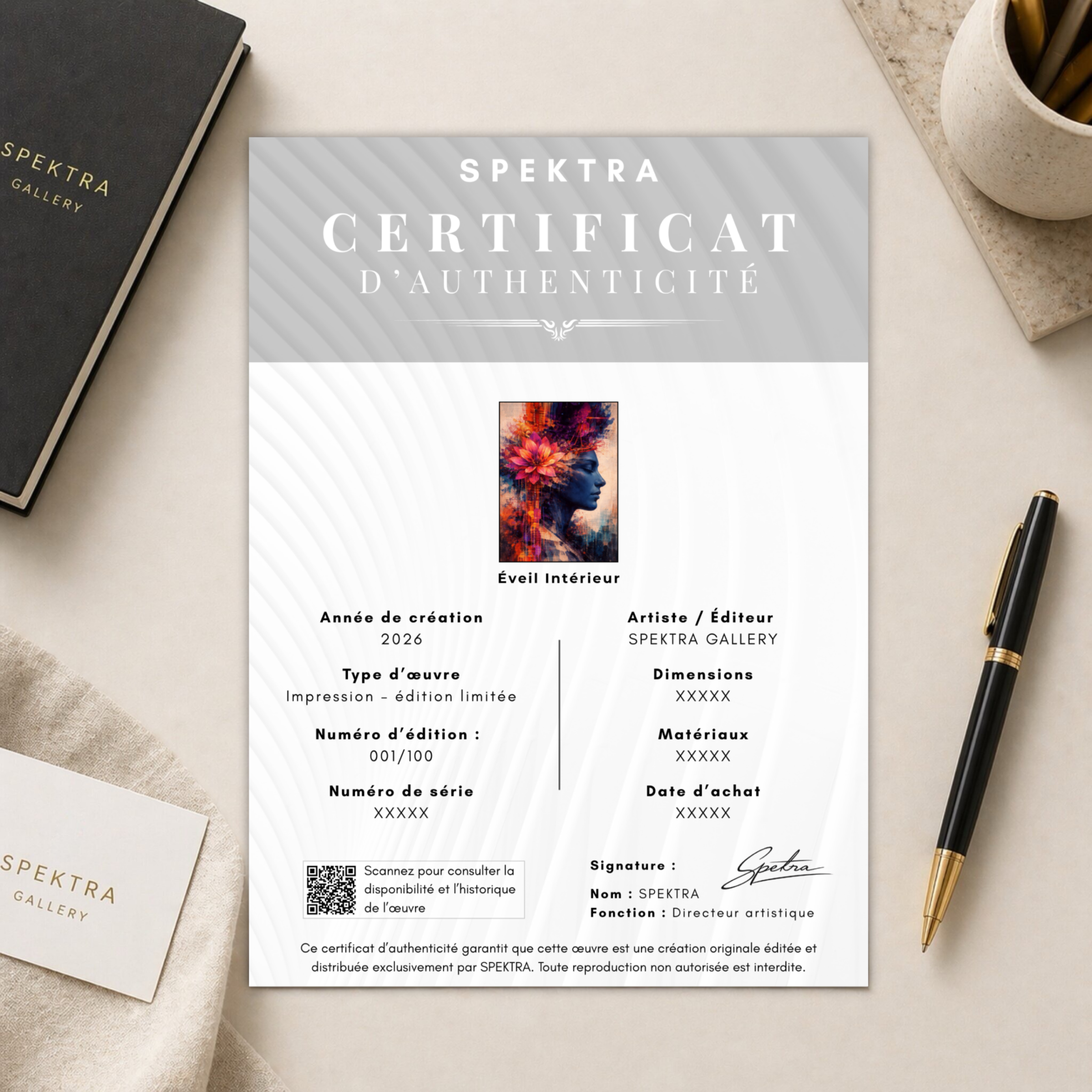certificat d authenticite spektra pour tableau femme floral contemporain edition limitee