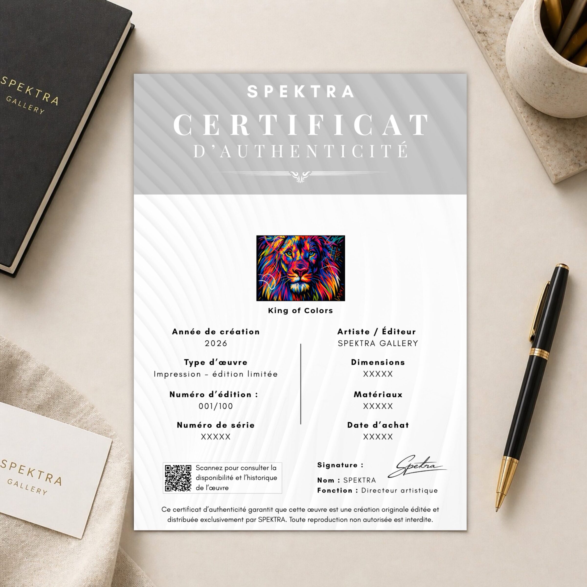certificat authenticité tableau lion pop art king of colors spektra