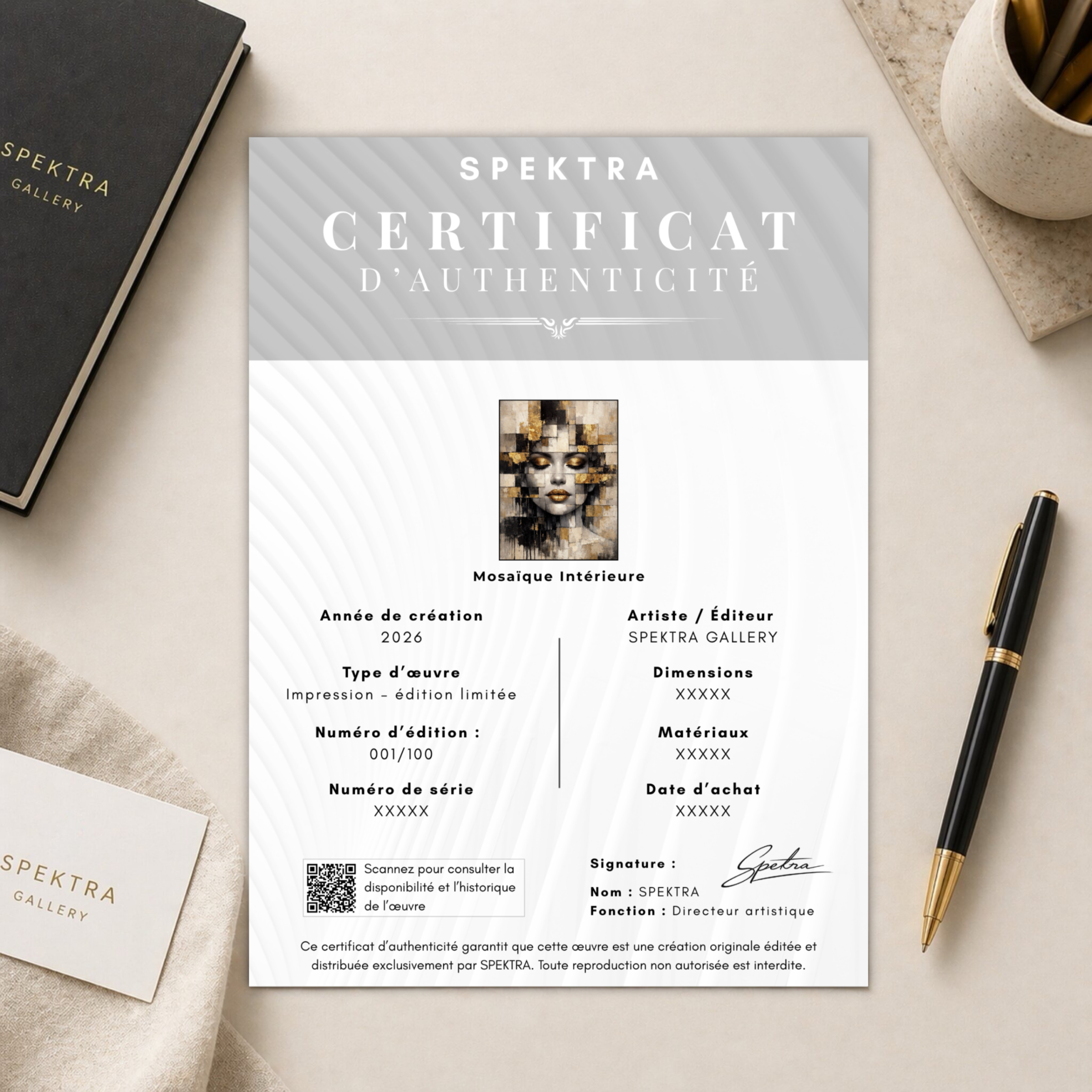 Certificat d’authenticité du tableau Mosaïque Intérieure par SPEKTRA Gallery