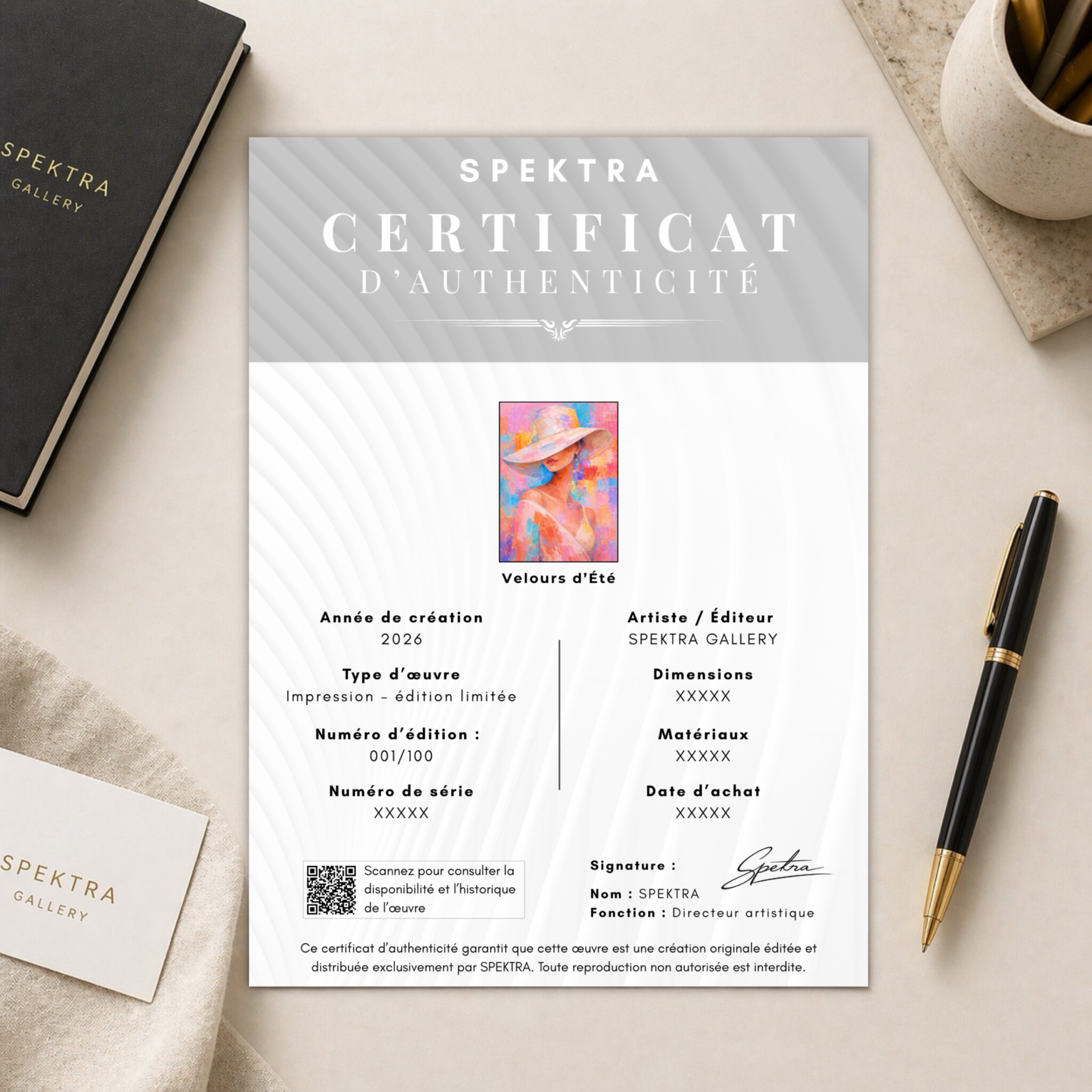 certificat authenticite tableau femme colore contemporain velours dete spektra