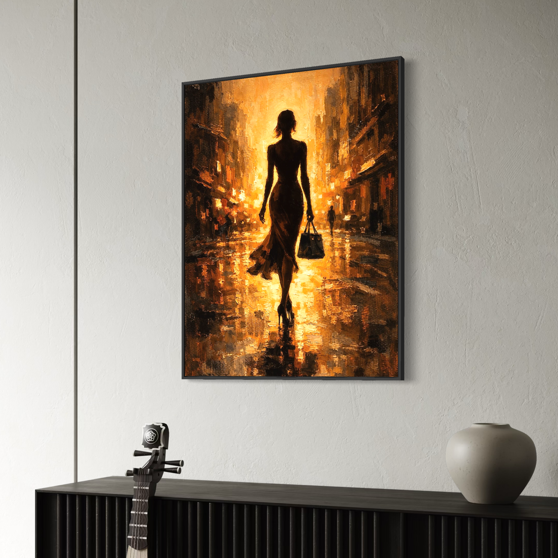 Tableau Femme Mirage – silhouette féminine et ambiance dorée tableau femme mirage decoration murale moderne silhouette feminine ambiance doree elegante