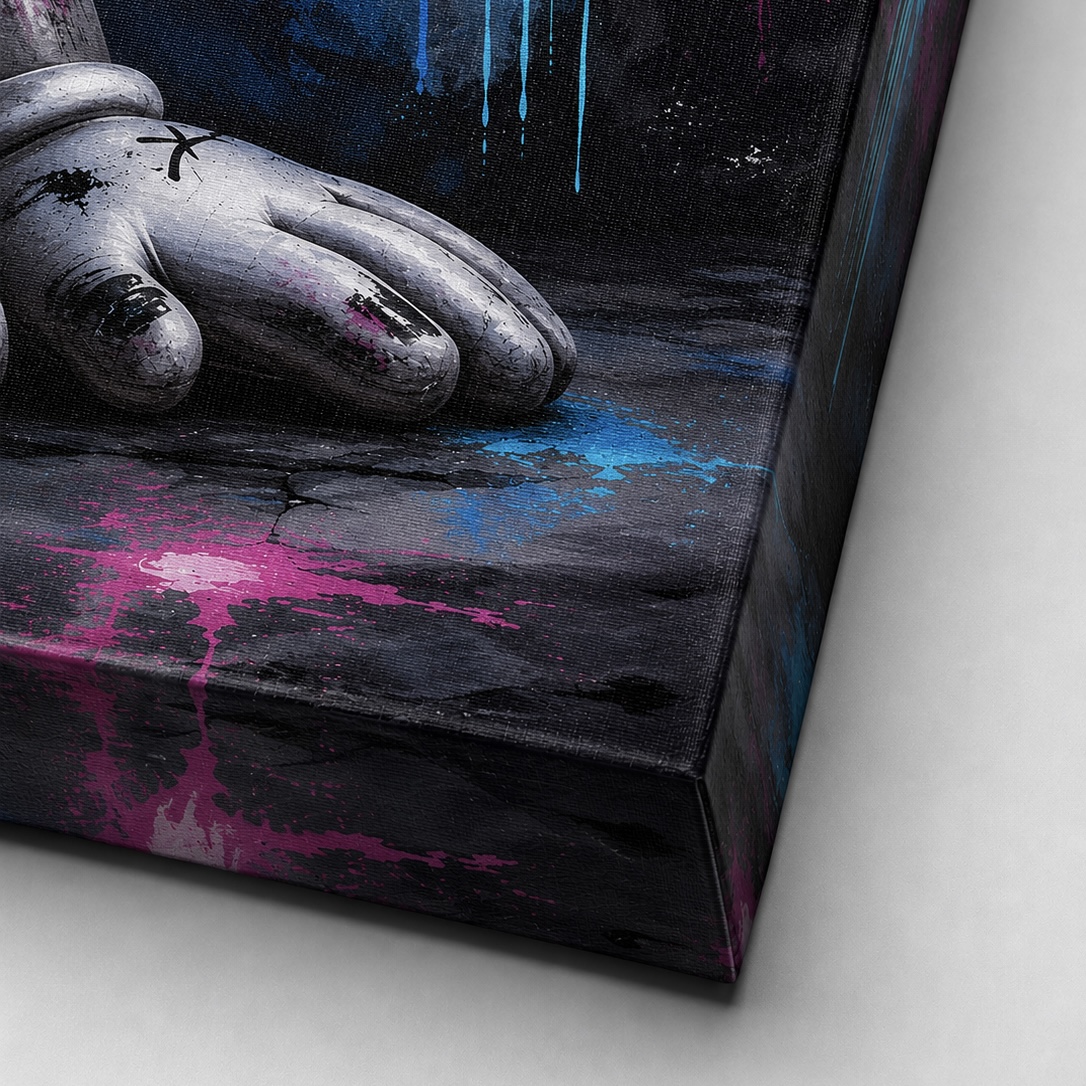 gros plan sur les finitions d’un tableau street art contemporain avec détails de toile et peinture graffiti