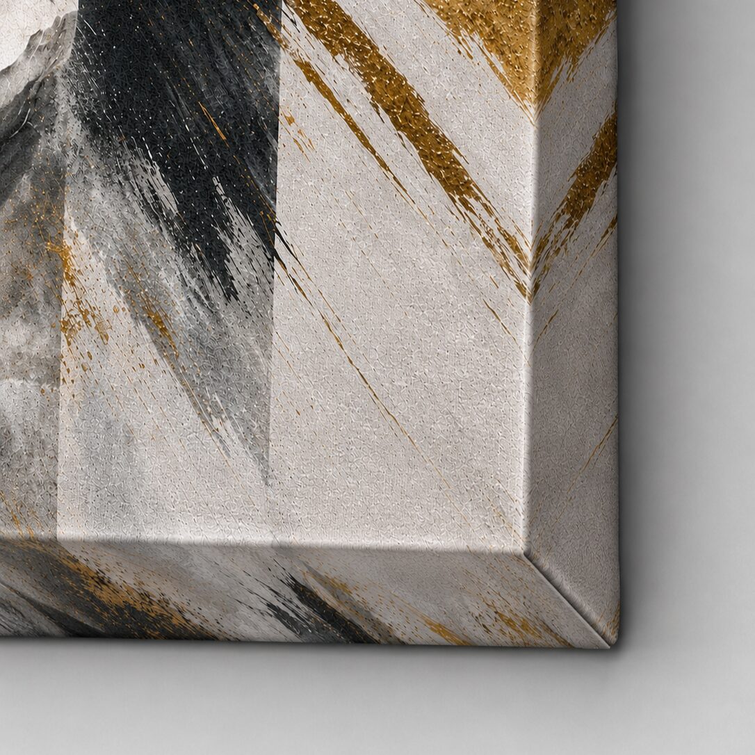 détail toile tableau noir et or avec finitions premium et texture artistique contemporaine haut de gamme