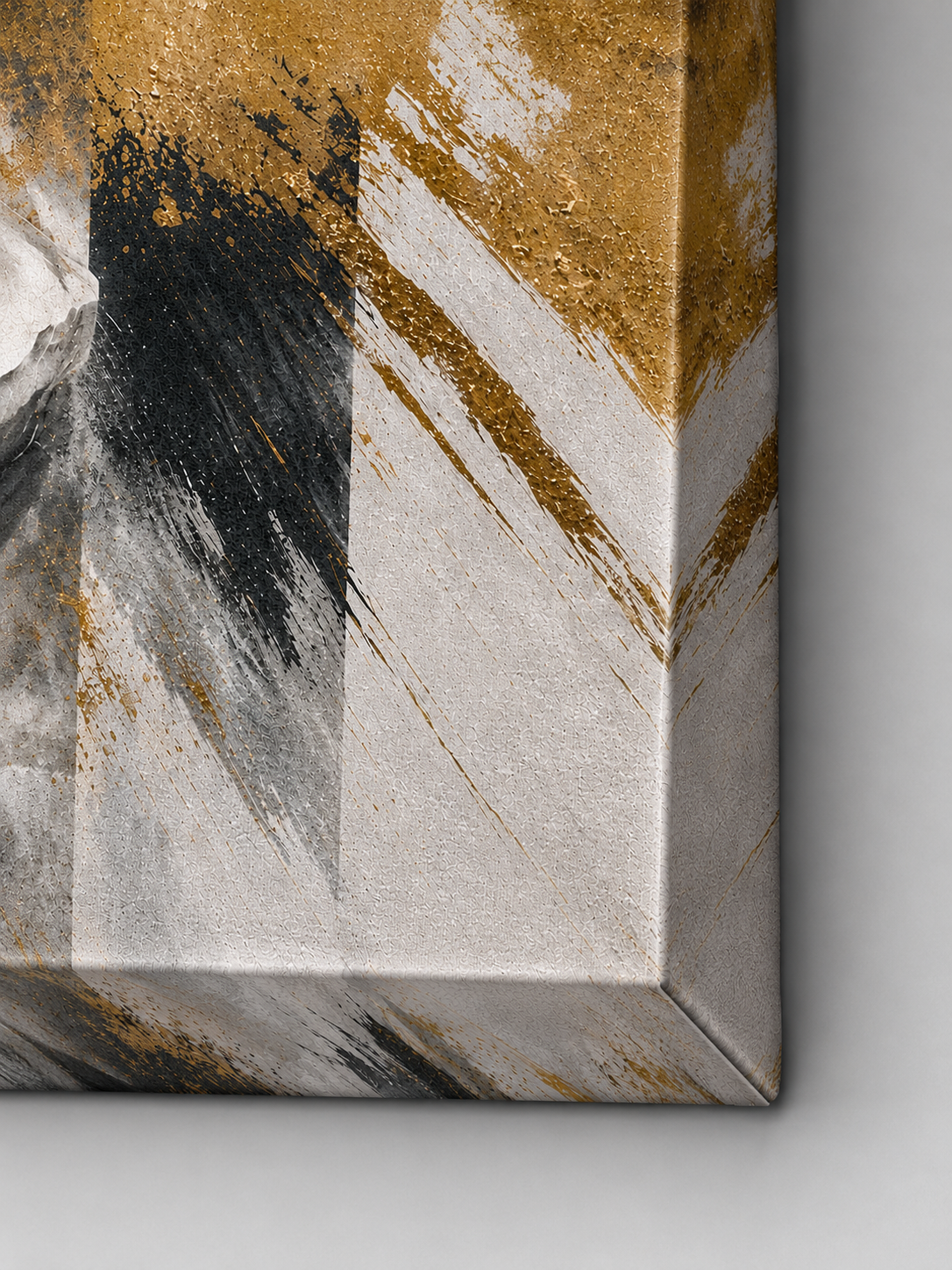 Tableau Mémoire Antique dans un intérieur contemporain détail toile tableau noir et or avec finitions premium et texture artistique contemporaine haut de gamme