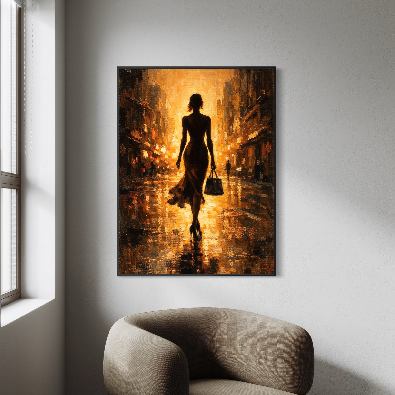 Tableau Femme Mirage – silhouette féminine et ambiance dorée mise en situation tableau femme mirage decoration murale moderne ambiance elegante lumineuse