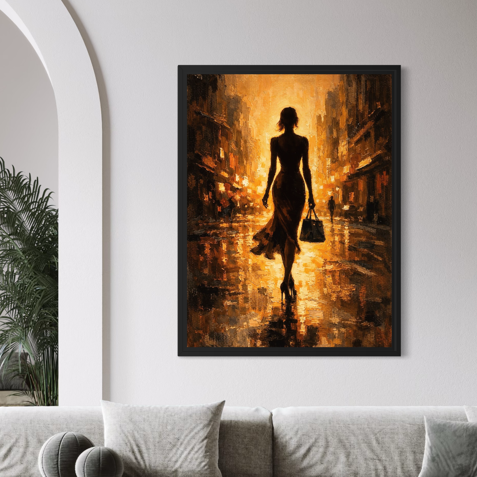 Tableau Femme Mirage – silhouette féminine et ambiance dorée tableau femme mirage salon contemporain decoration murale elegante ambiance doree moderne