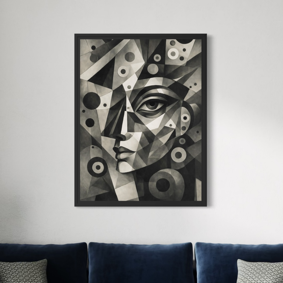 Tableau visage géométrique abstrait Abstraction Humaine tableau cubiste abstrait noir et blanc au dessus d’un canapé bleu dans un salon moderne