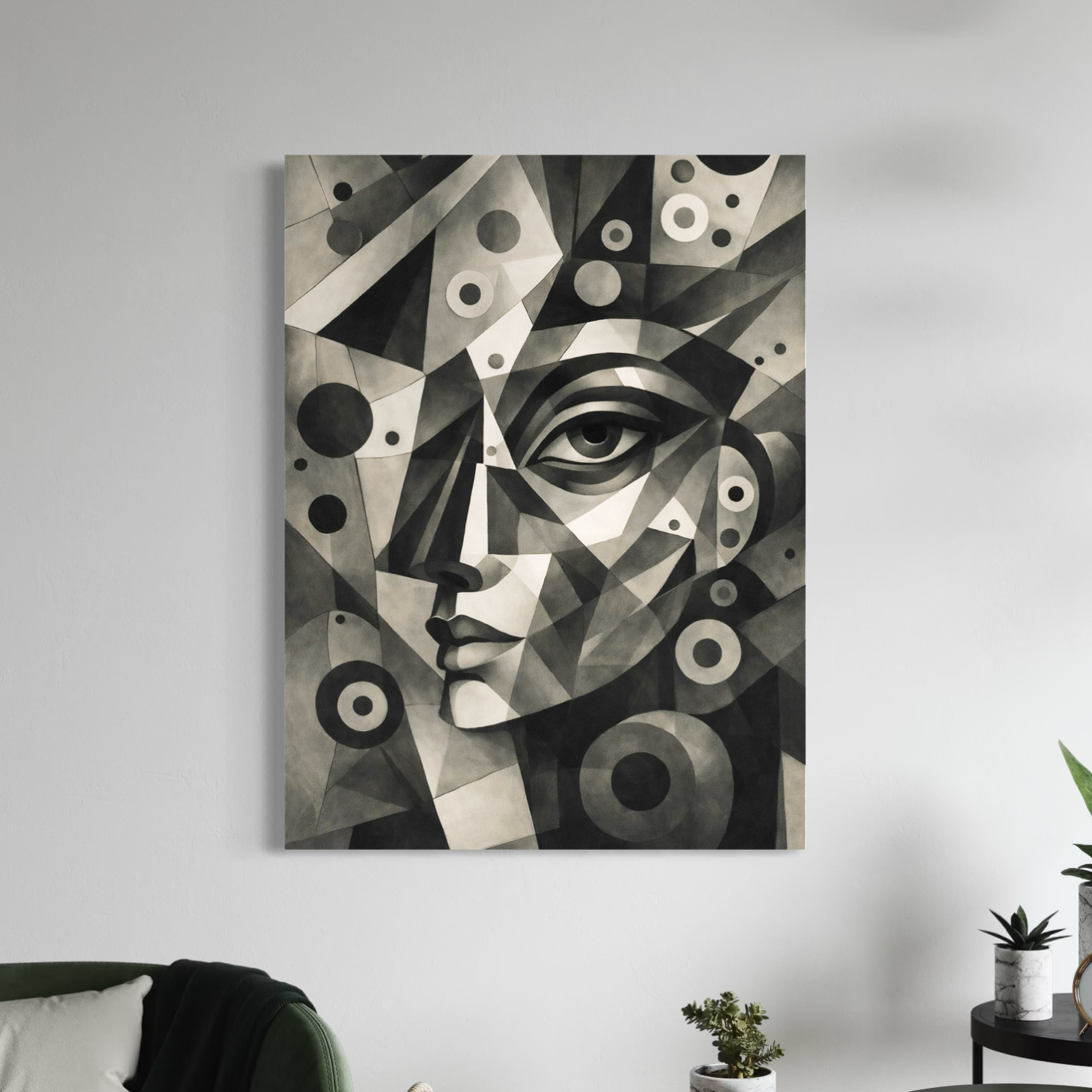 Tableau visage géométrique abstrait Abstraction Humaine tableau cubisme abstrait noir et blanc dans un salon contemporain minimaliste
