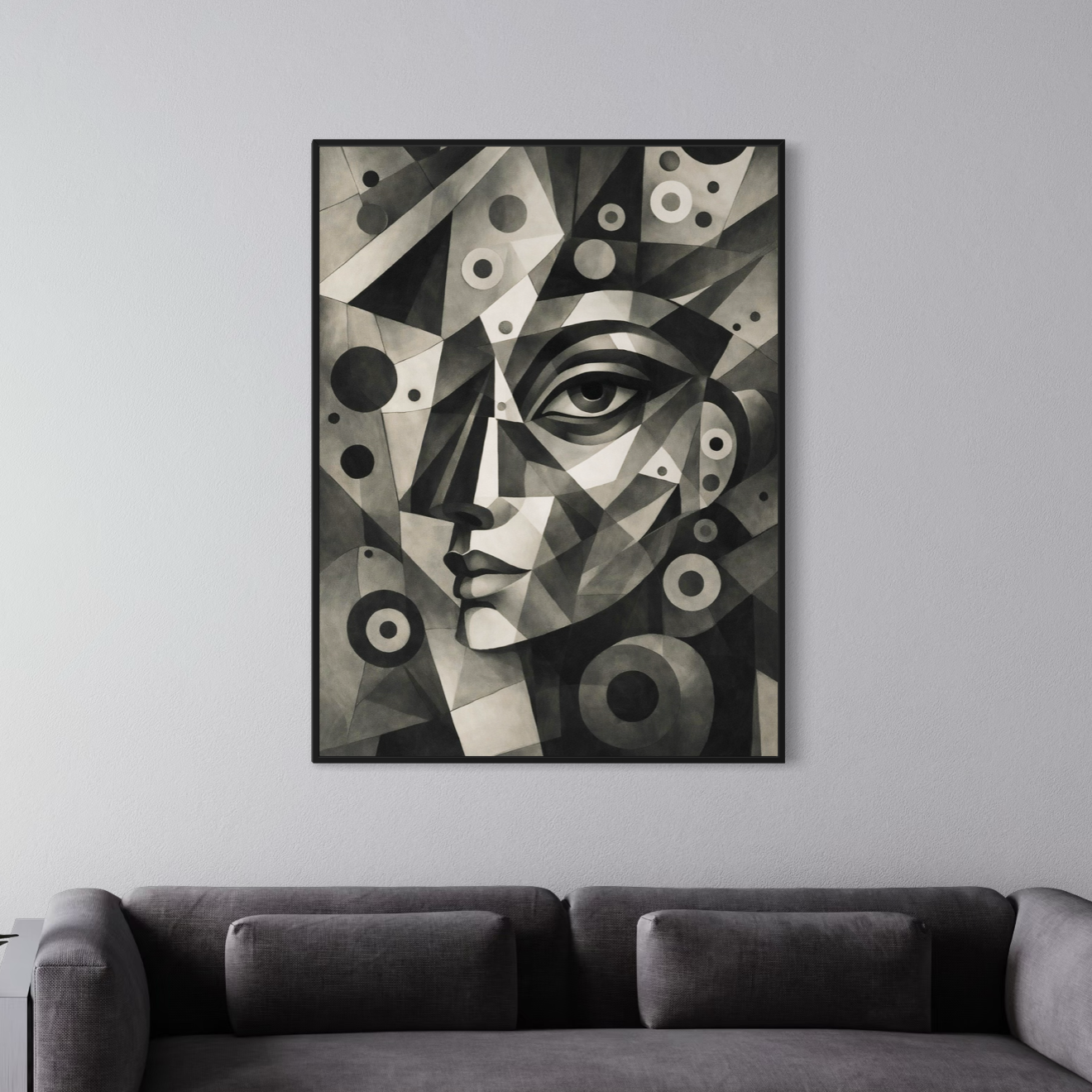 Tableau visage géométrique abstrait Abstraction Humaine tableau cubisme abstrait noir et blanc au dessus d’un canapé dans un salon moderne