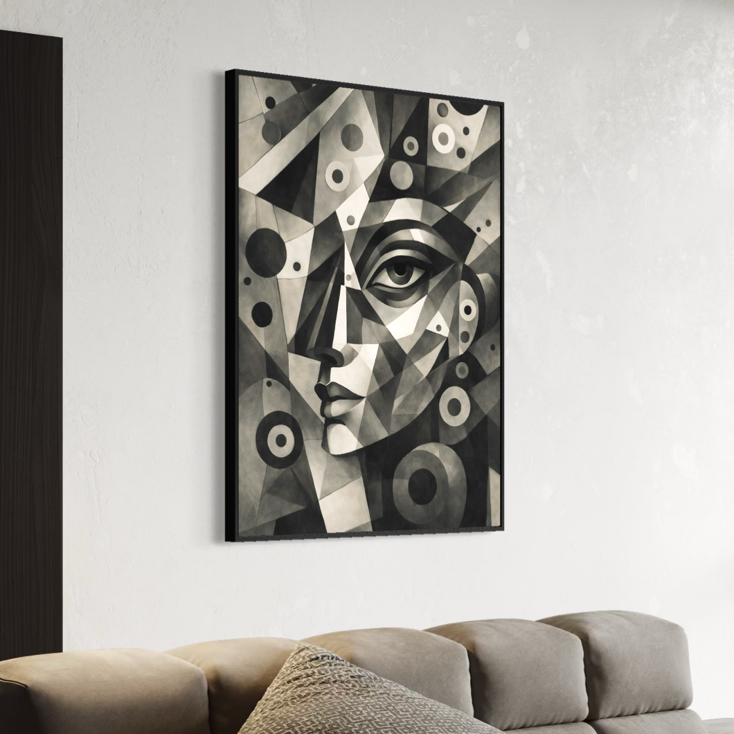 Tableau visage géométrique abstrait Abstraction Humaine tableau portrait cubiste noir et blanc dans un salon contemporain élégant