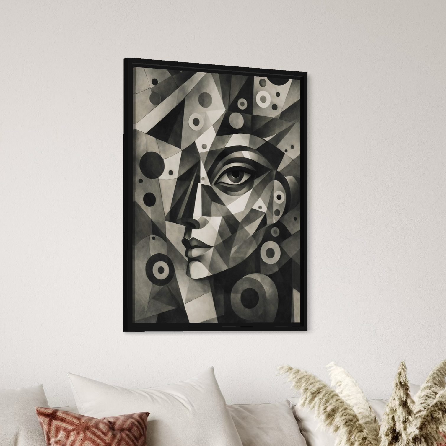 Tableau visage géométrique abstrait Abstraction Humaine tableau portrait abstrait géométrique noir et blanc dans une chambre moderne minimaliste