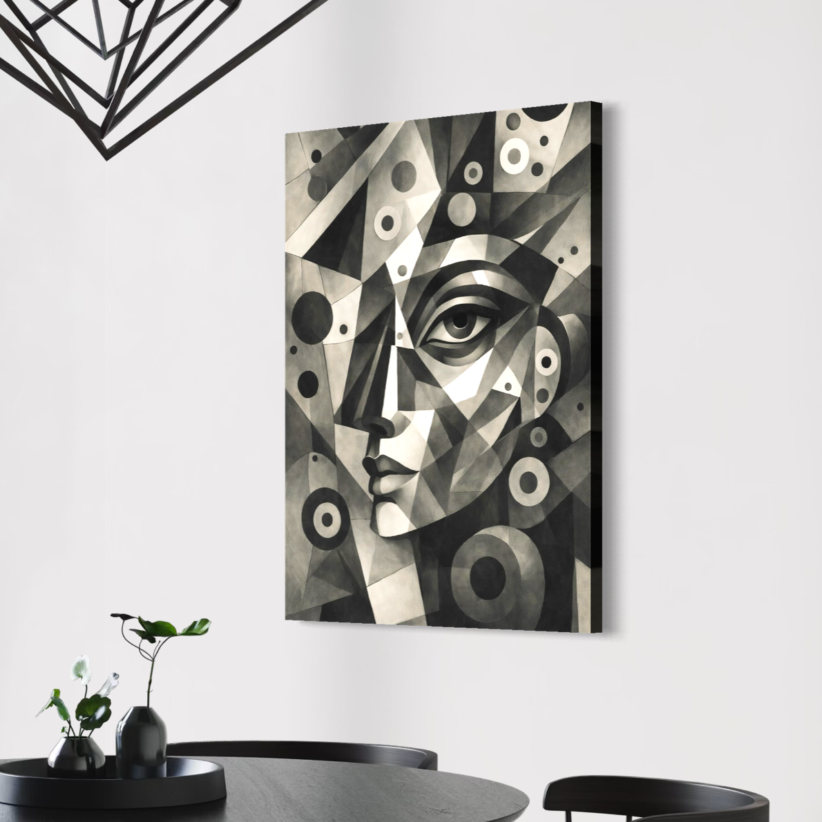 Tableau visage géométrique abstrait Abstraction Humaine tableau visage geometrique abstrait noir et blanc dans une salle a manger moderne