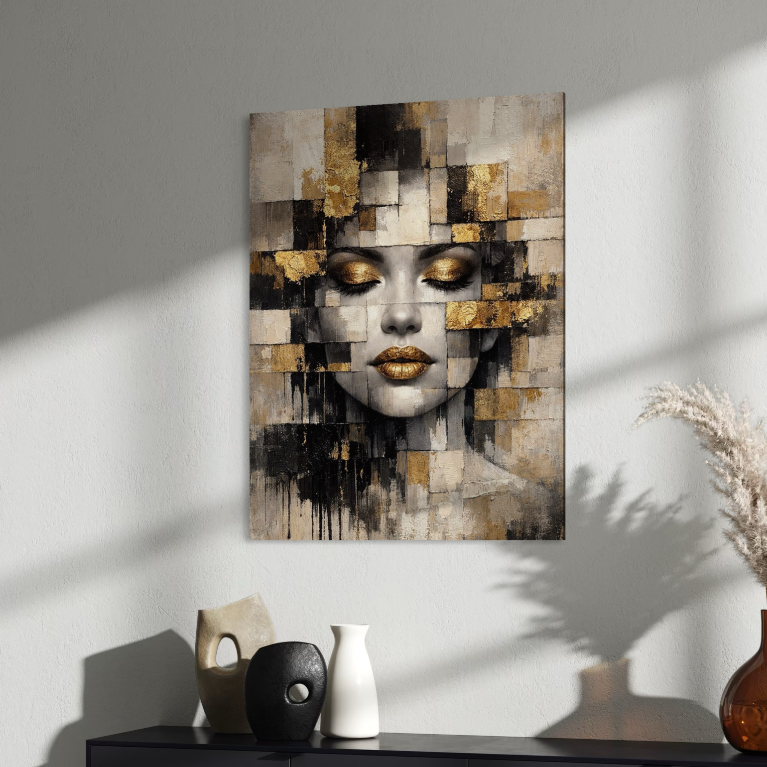Tableau abstrait femme dorée moderne dans une décoration intérieure lumineuse et contemporaine