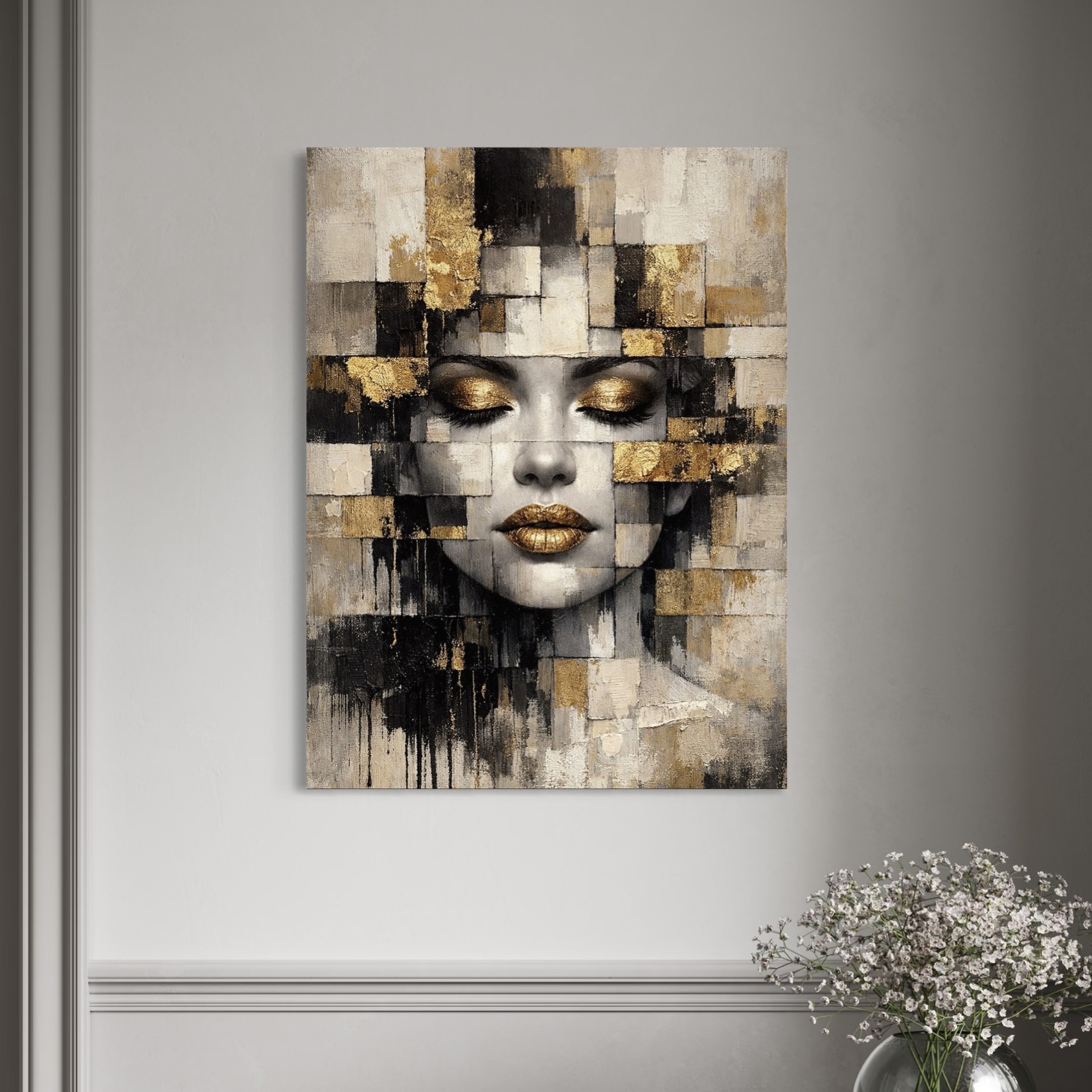 Tableau abstrait contemporain représentant un visage féminin aux textures dorées dans un intérieur moderne