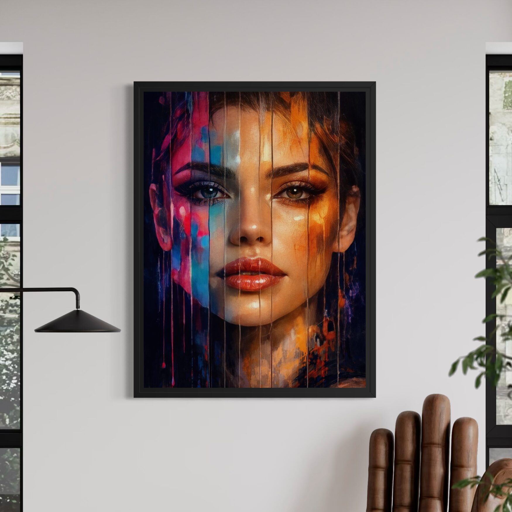 Tableau Beauté Fragmentée – Portrait abstrait moderne et lumineux tableau beauté fragmentée portrait femme art contemporain avec cadre noir décoration moderne