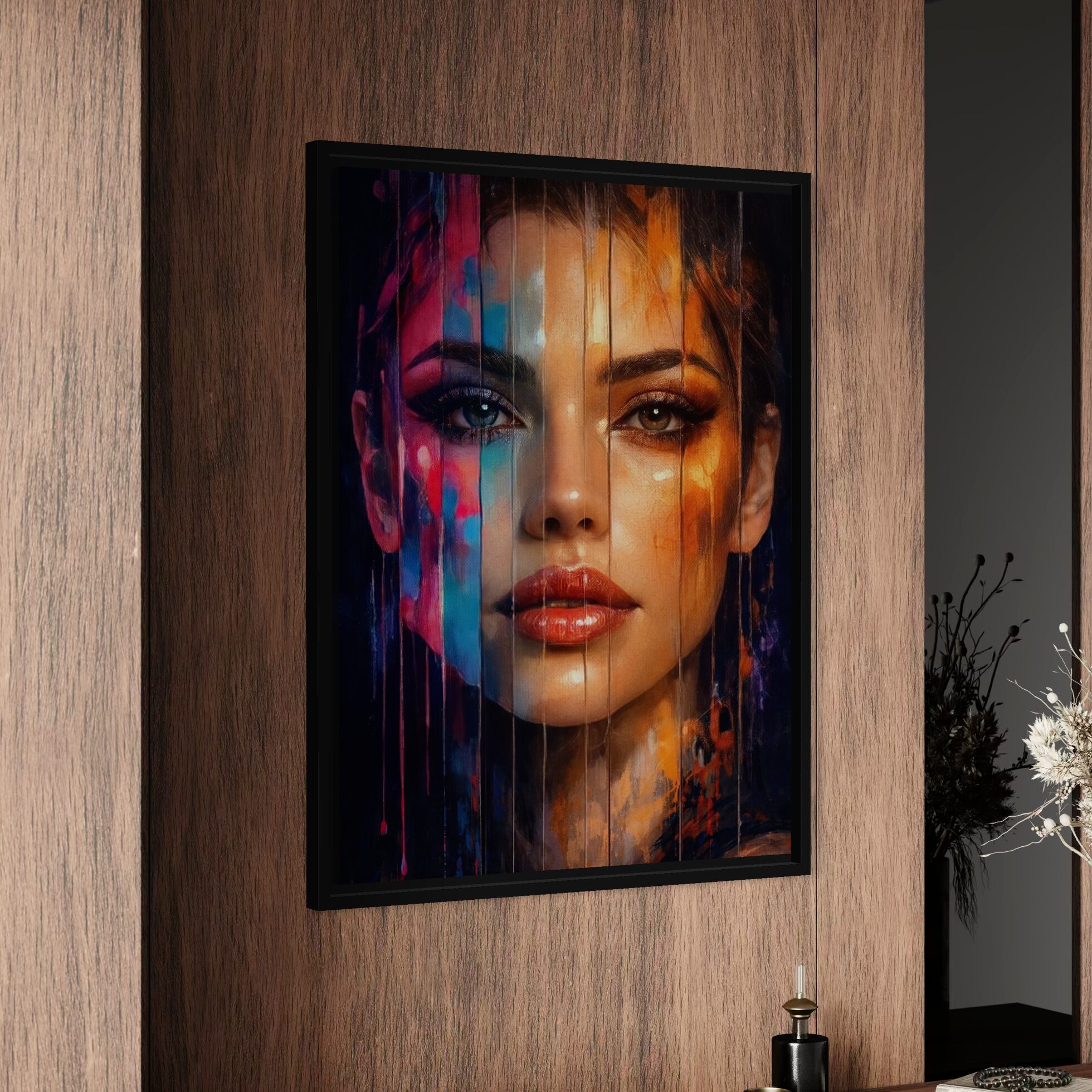 Tableau Beauté Fragmentée – Portrait abstrait moderne et lumineux tableau beauté fragmentée portrait femme encadré art contemporain décoration murale bois moderne