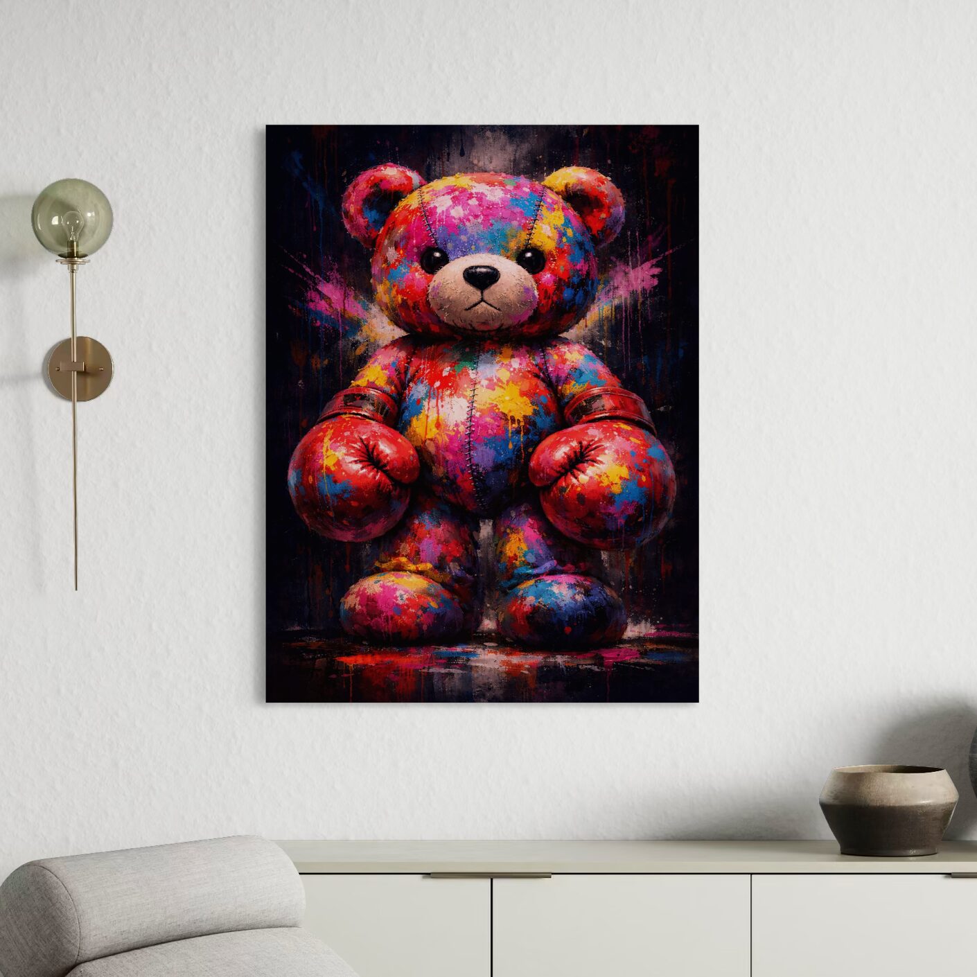 Tableau Boxing Teddy – Street art coloré et pop art contemporain tableau boxing teddy pop art coloré ours boxeur street art décoration murale moderne