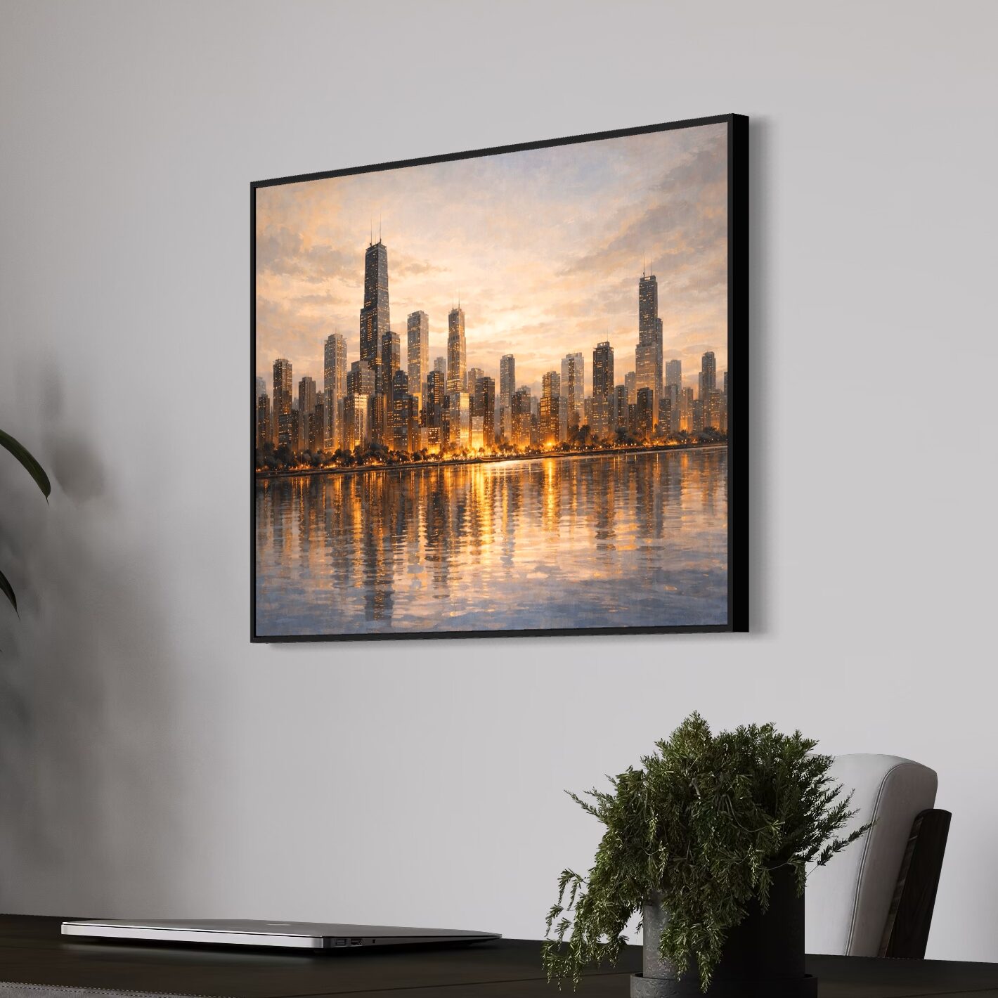 Tableau Chicago Skyline – Lumières Urbaines Contemporaines tableau chicago skyline encadre bureau moderne reflets dores