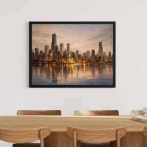 Accueil tableau chicago skyline encadre contemporain reflets urbains lumineux