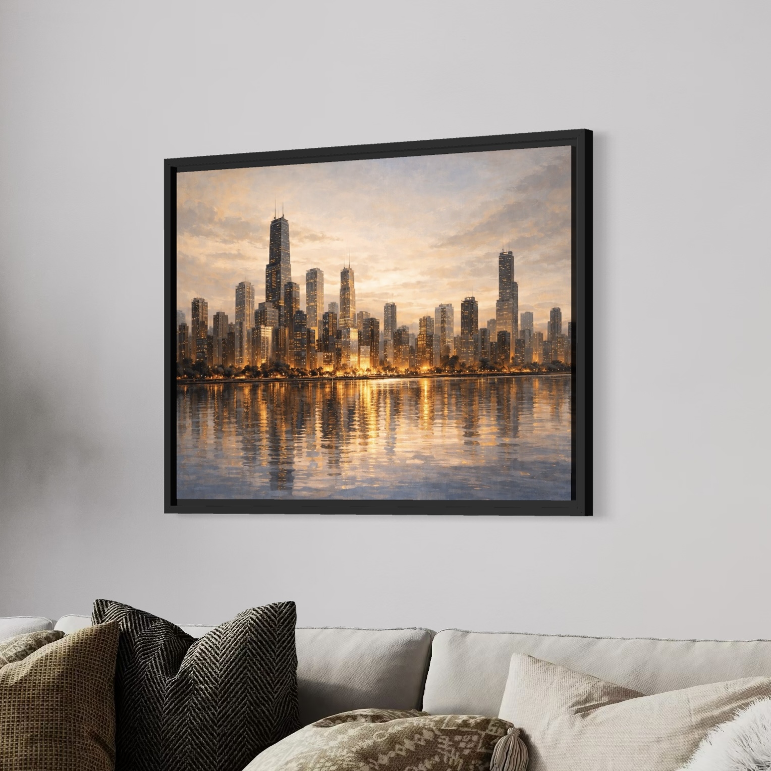 Tableau Chicago Skyline – Lumières Urbaines Contemporaines tableau chicago skyline encadre salon moderne lumiere doree