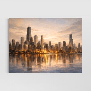 Accueil tableau chicago skyline contemporain lumiere urbaine reflets artistiques