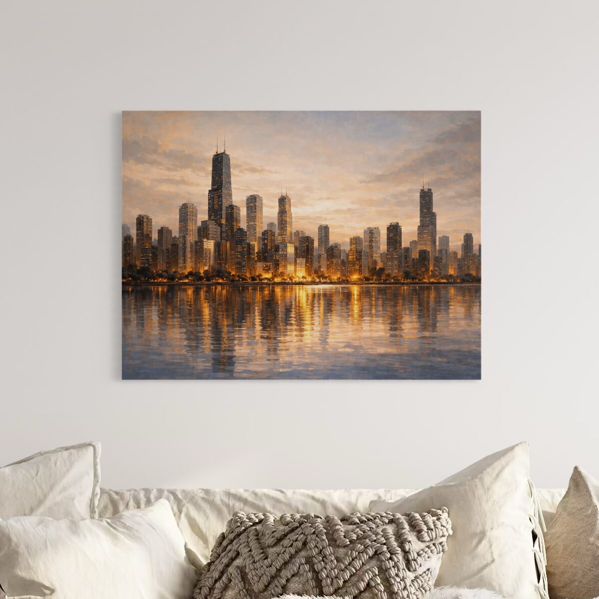 Tableau Chicago Skyline – Lumières Urbaines Contemporaines tableau chicago skyline salon lumineux reflets dores contemporains