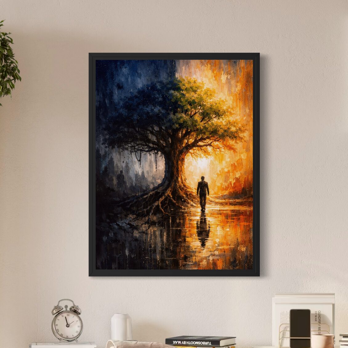 Tableau Clair Obscur – Entre Ombre et Lumière tableau clair obscur arbre lumineux décoration intérieure moderne