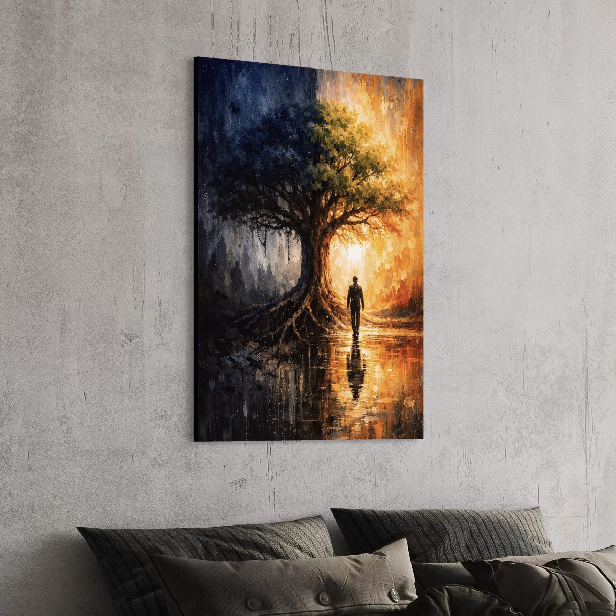 Tableau Clair Obscur – Entre Ombre et Lumière tableau clair obscur arbre lumineux décoration salon contemporain